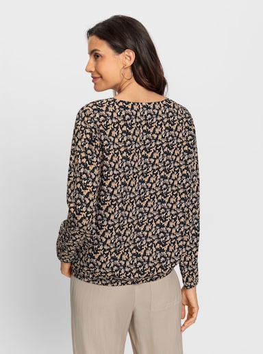 Schlupf-Bluse mit Elastik-Abschlüssen - schwarz-taupe-bedruckt
