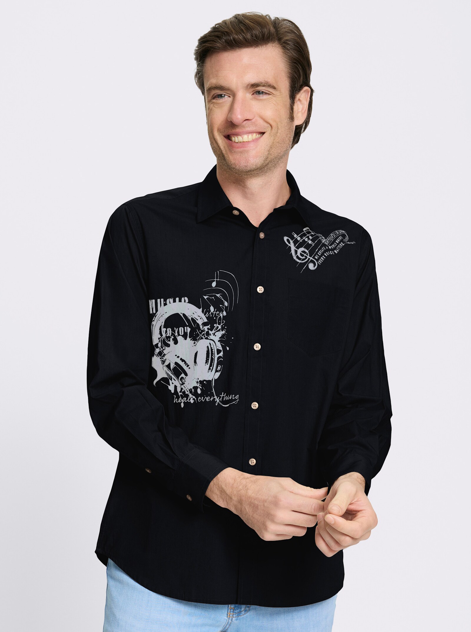 Catamaran Langarmhemd mit platzierten Prints, Baumwolle - schwarz-bedruckt