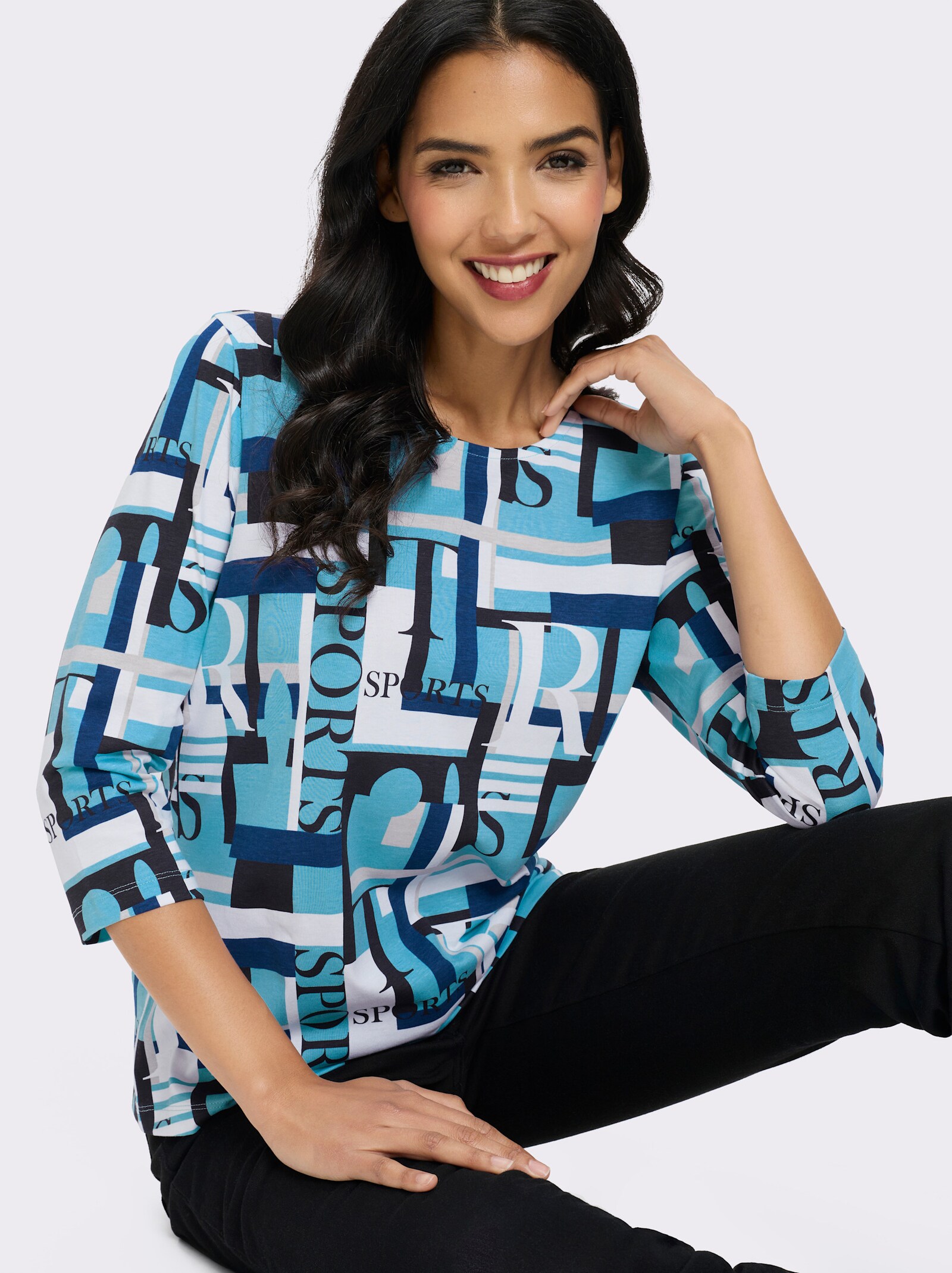 3/4-Arm-Shirt mit grafischem Druck - schwarz-aqua-bedruckt