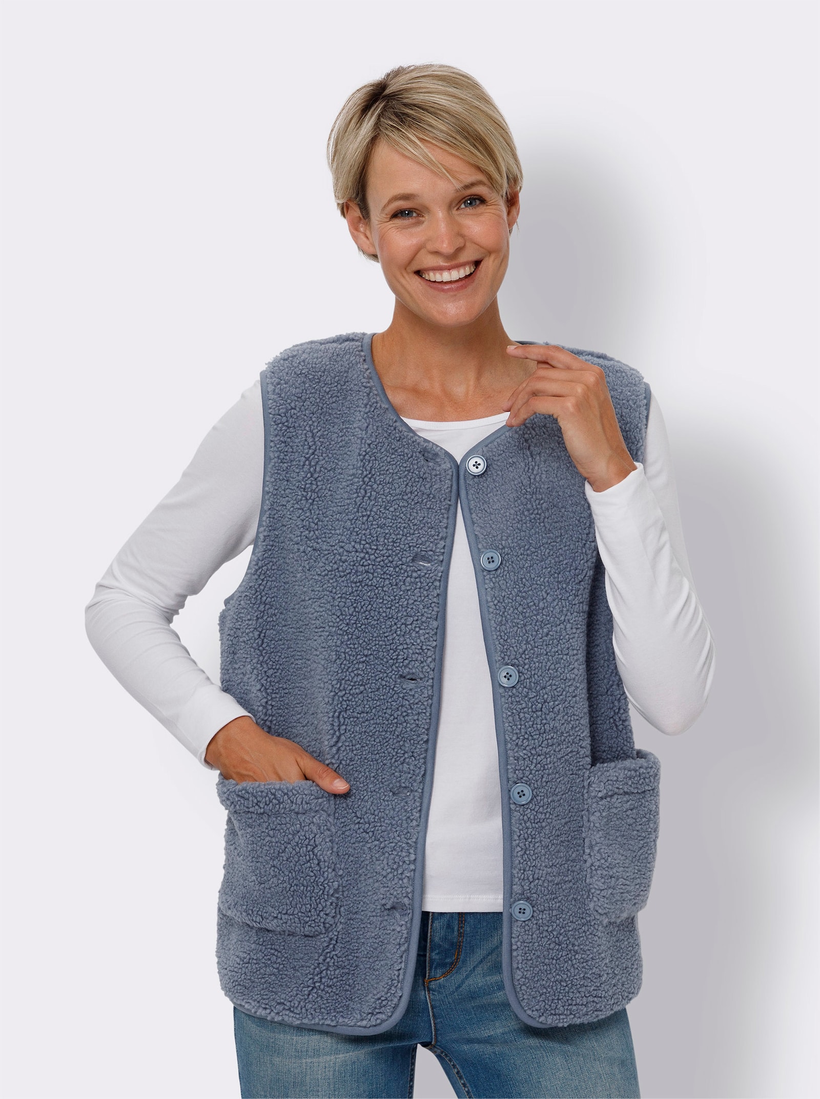 Fleecová vesta na knoflíky - holubí modrá