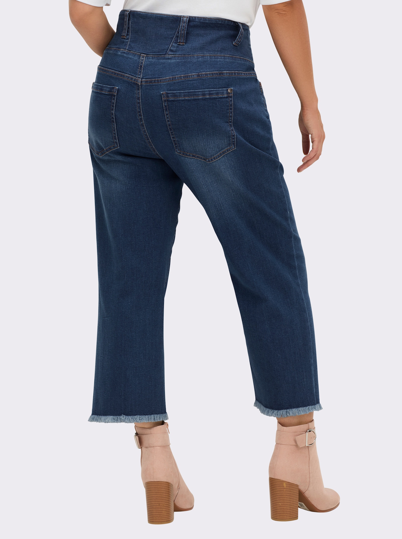 sheego 7/8-jeans met high waist-band en zoom met franjes - blue-stonewashed