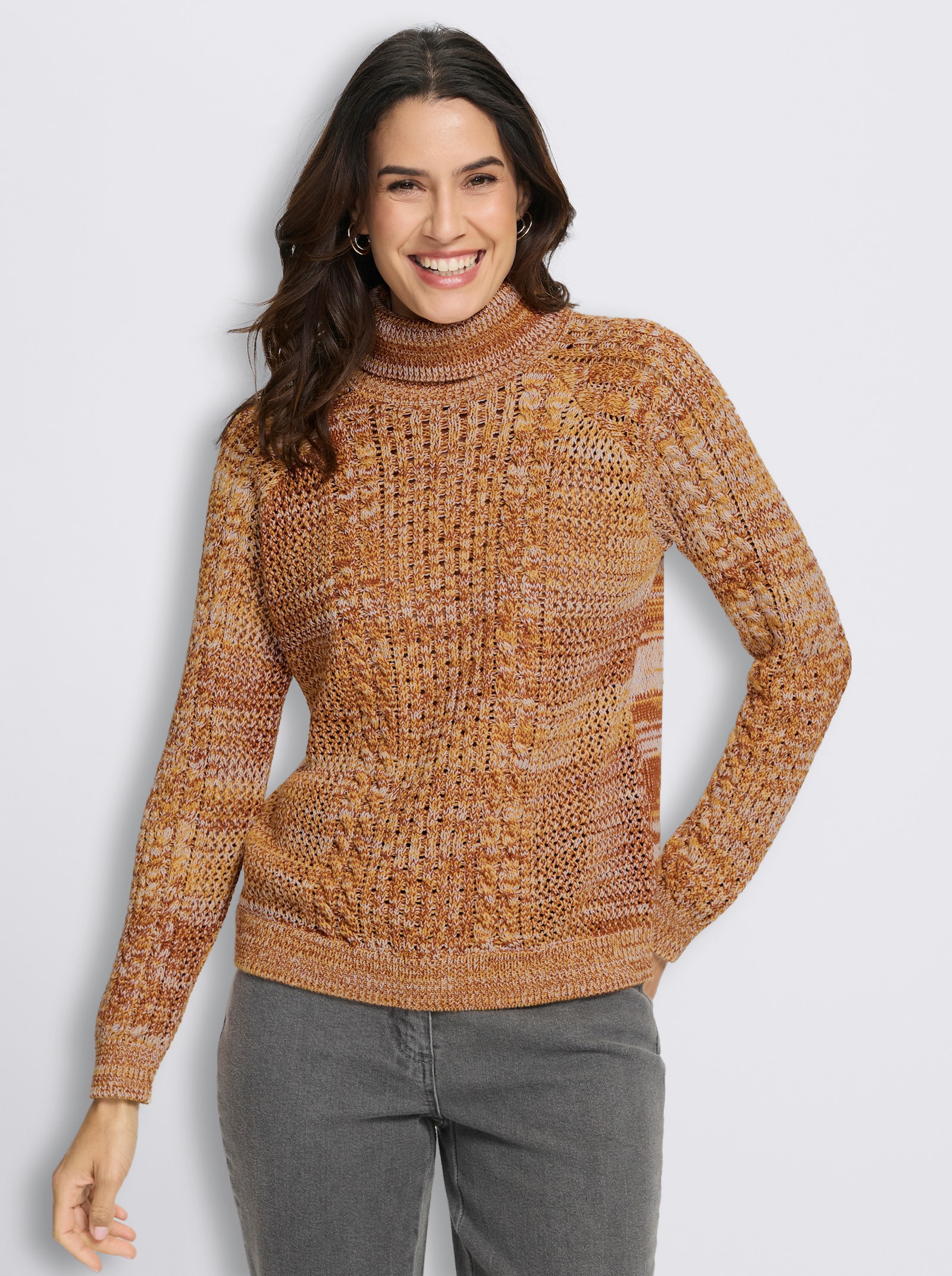  Rollkragenpullover im Muster-Mix - ocker-meliert