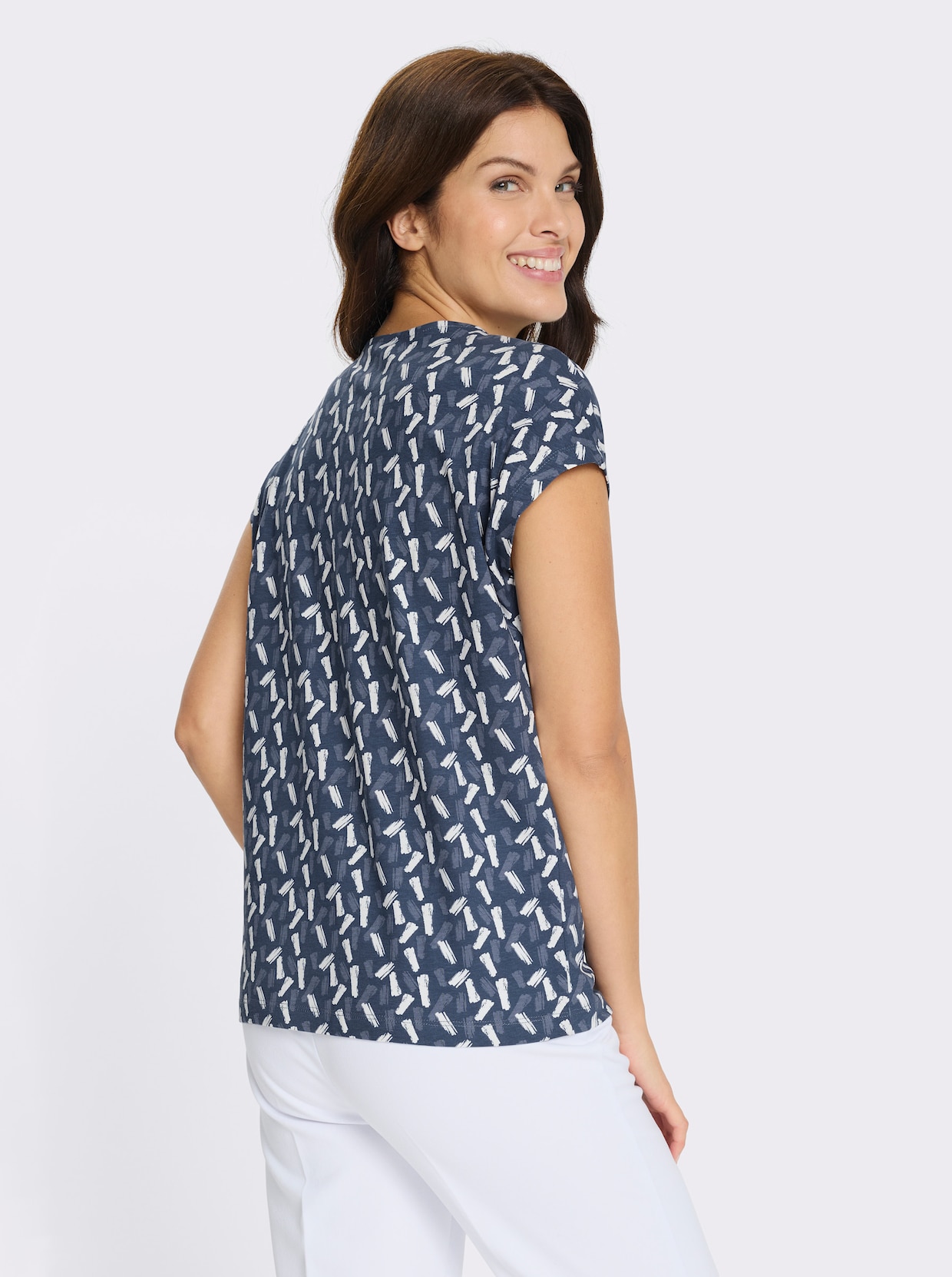 Kurzarmshirt im farbharmonischen Druckmuster - dunkelblau-ecru-bedruckt