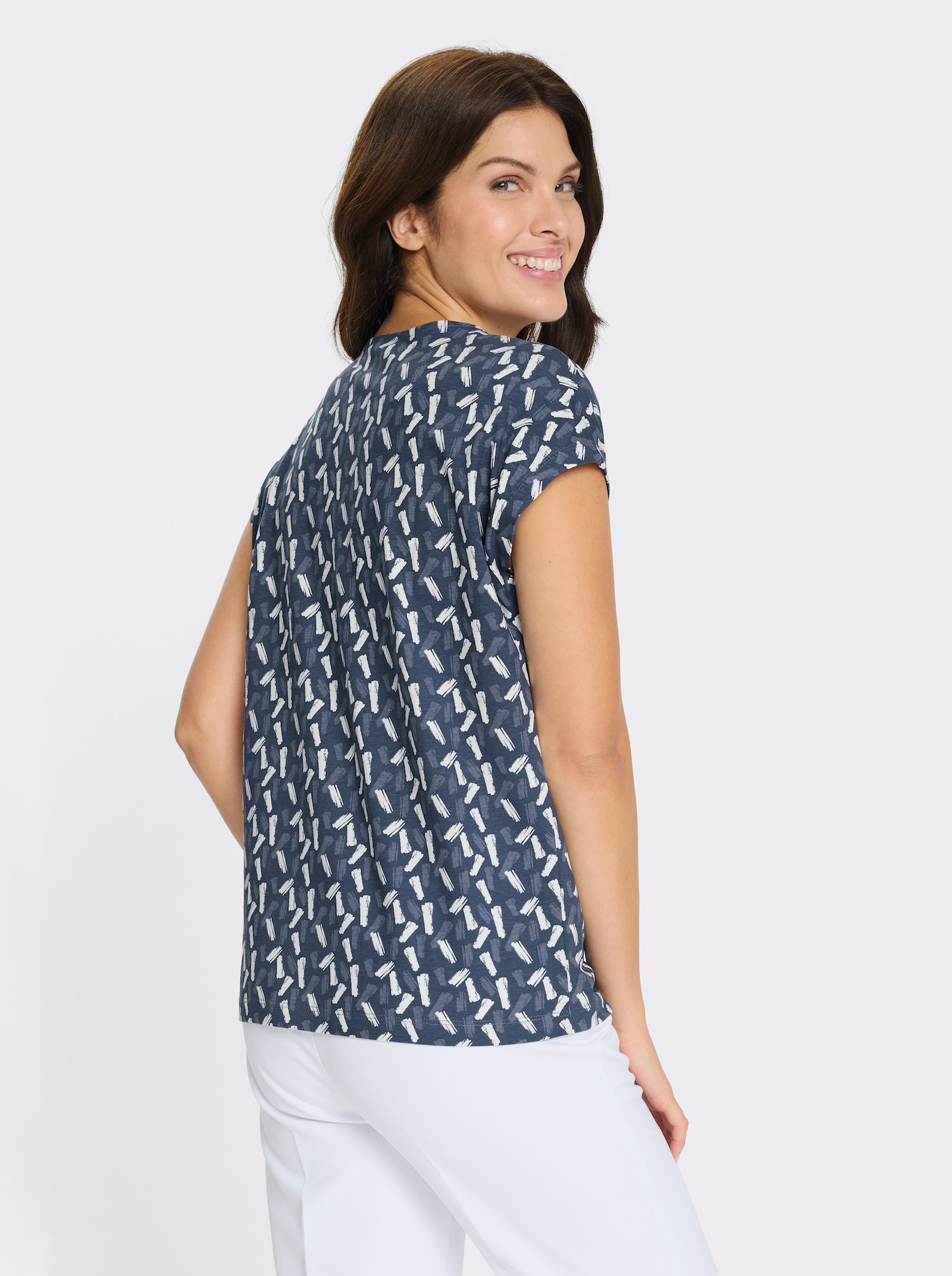 Kurzarmshirt im farbharmonischen Druckmuster - dunkelblau-ecru-bedruckt