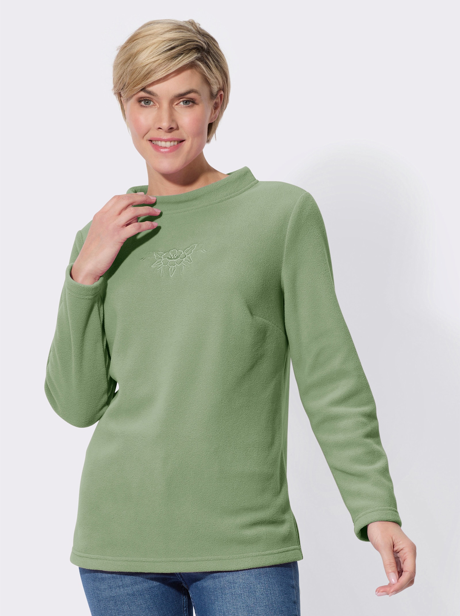 Fleeceshirt mit ton-in-ton-farbiger Stickerei - eucalyptus