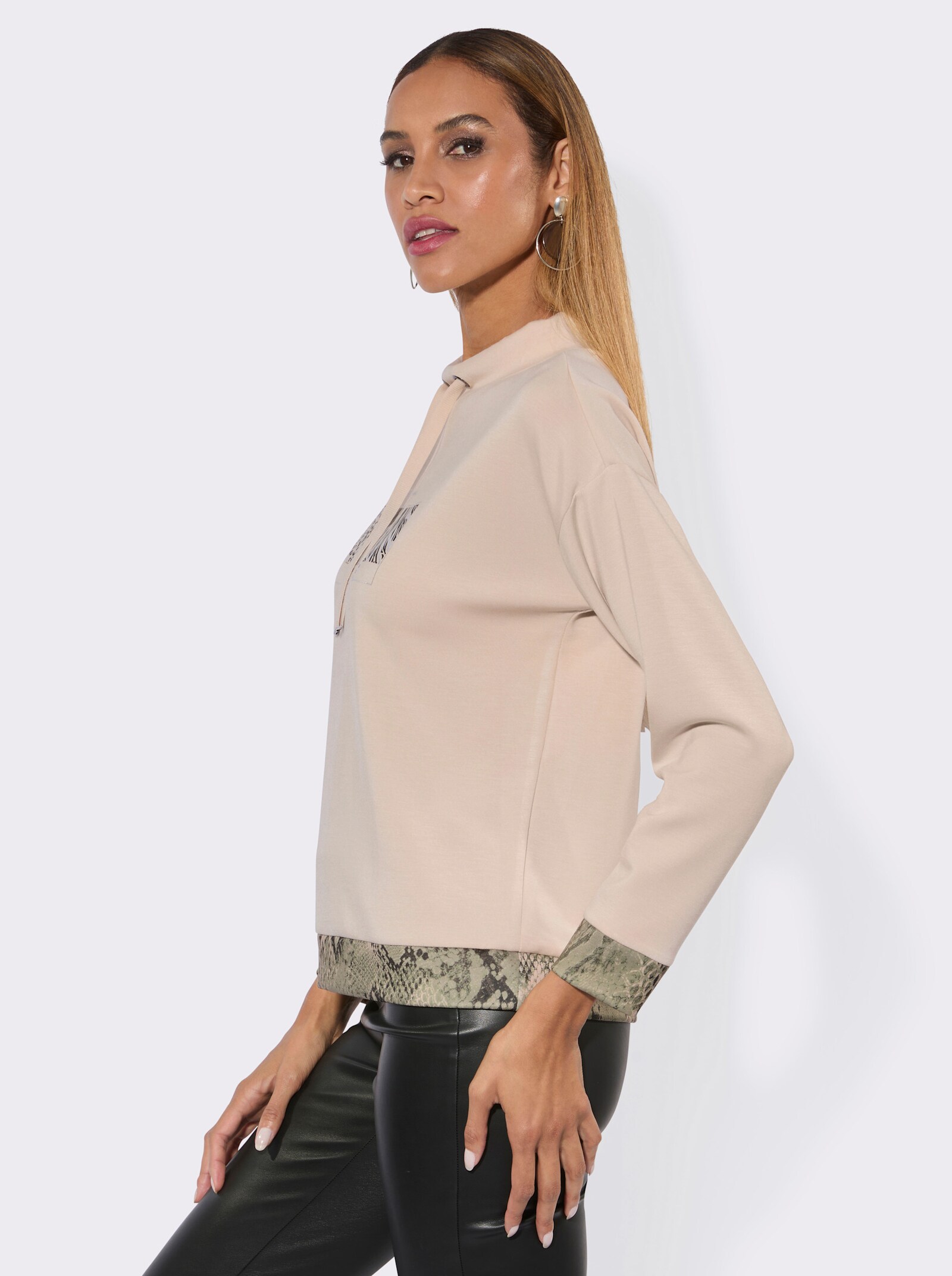 Sweatshirt mit halsfernem Stehkragen - elfenbein-graphit-bedruckt