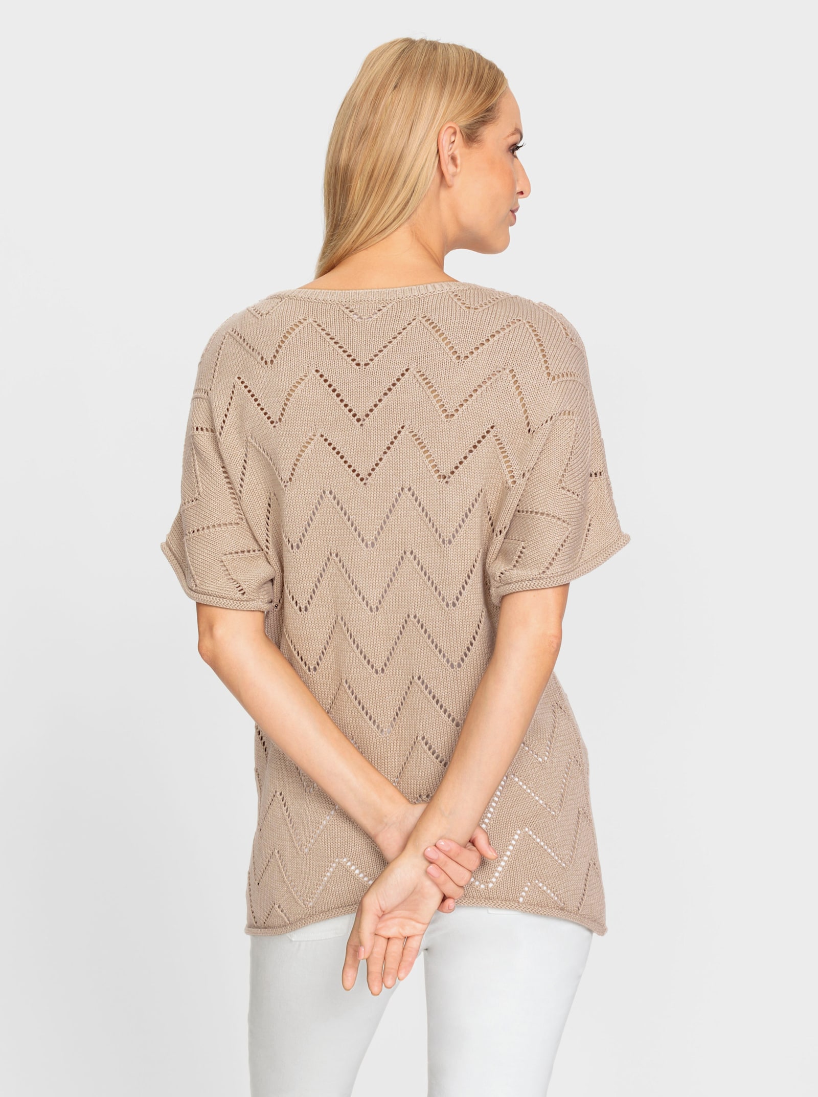 heine Kurzarmpullover mit Schriftzug und Ziersteinchen - beige-ecru-gemustert