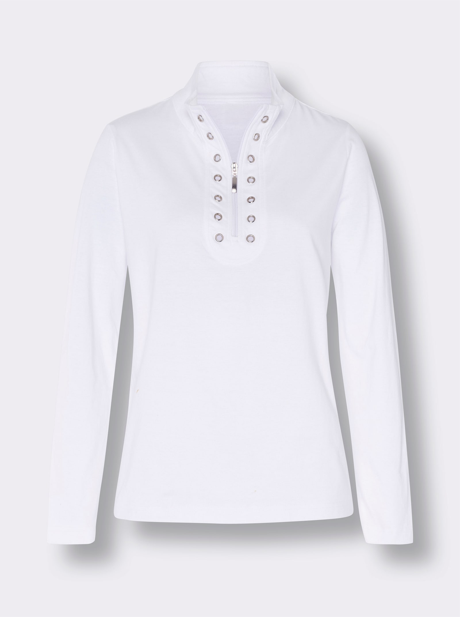Stehkragenshirt mit kurzem Reißverschluss - weiß