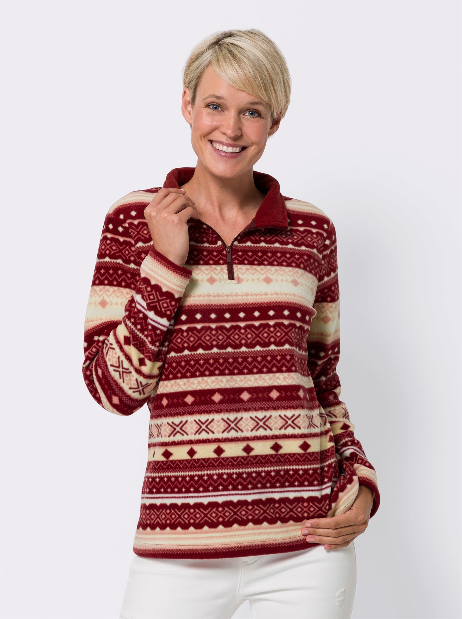 Fleecové tričko v norském stylu - bordó-meruňková-potisk