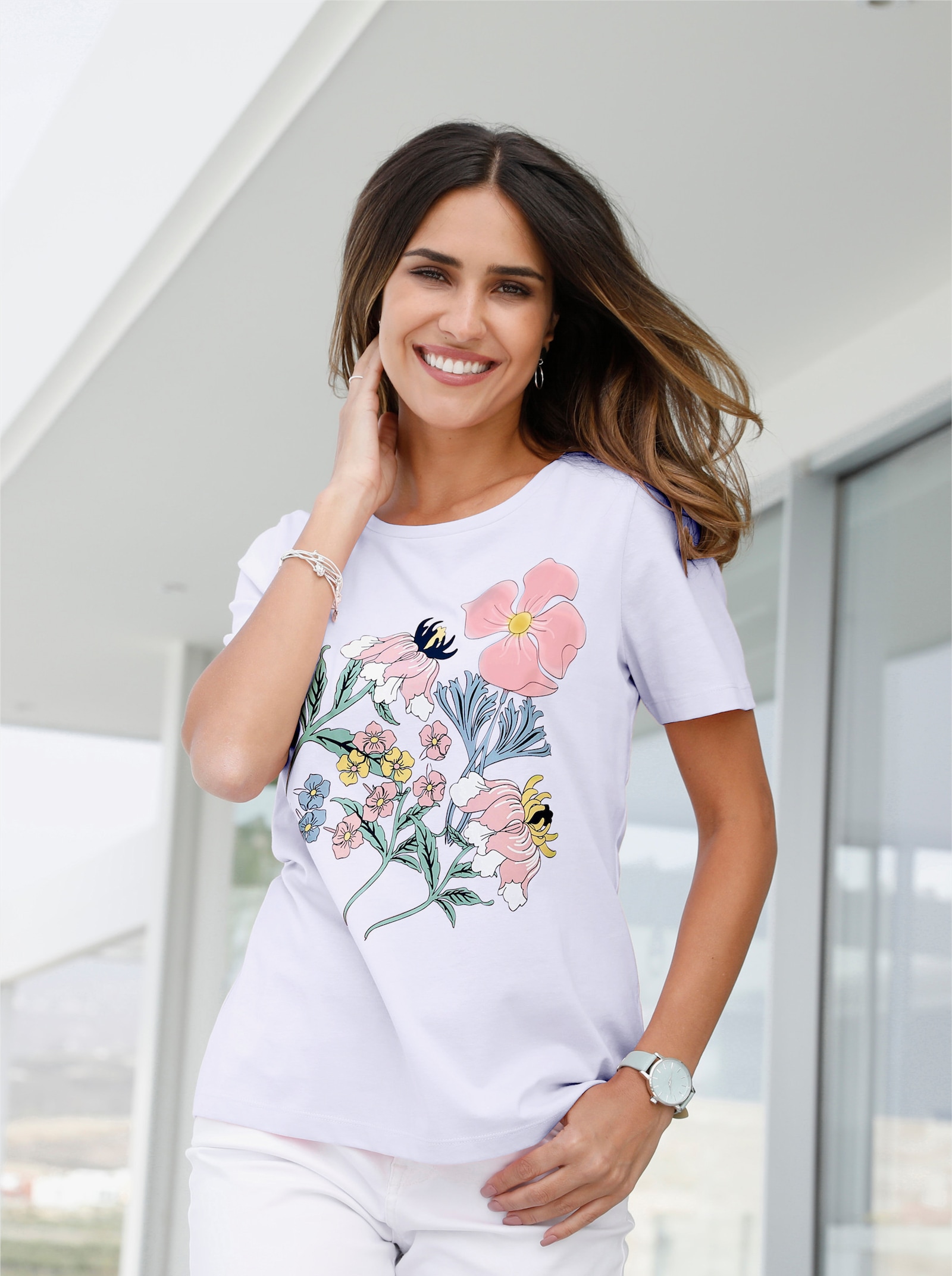 Kurzarmshirt mit Blüten-Druck - weiß-bedruckt