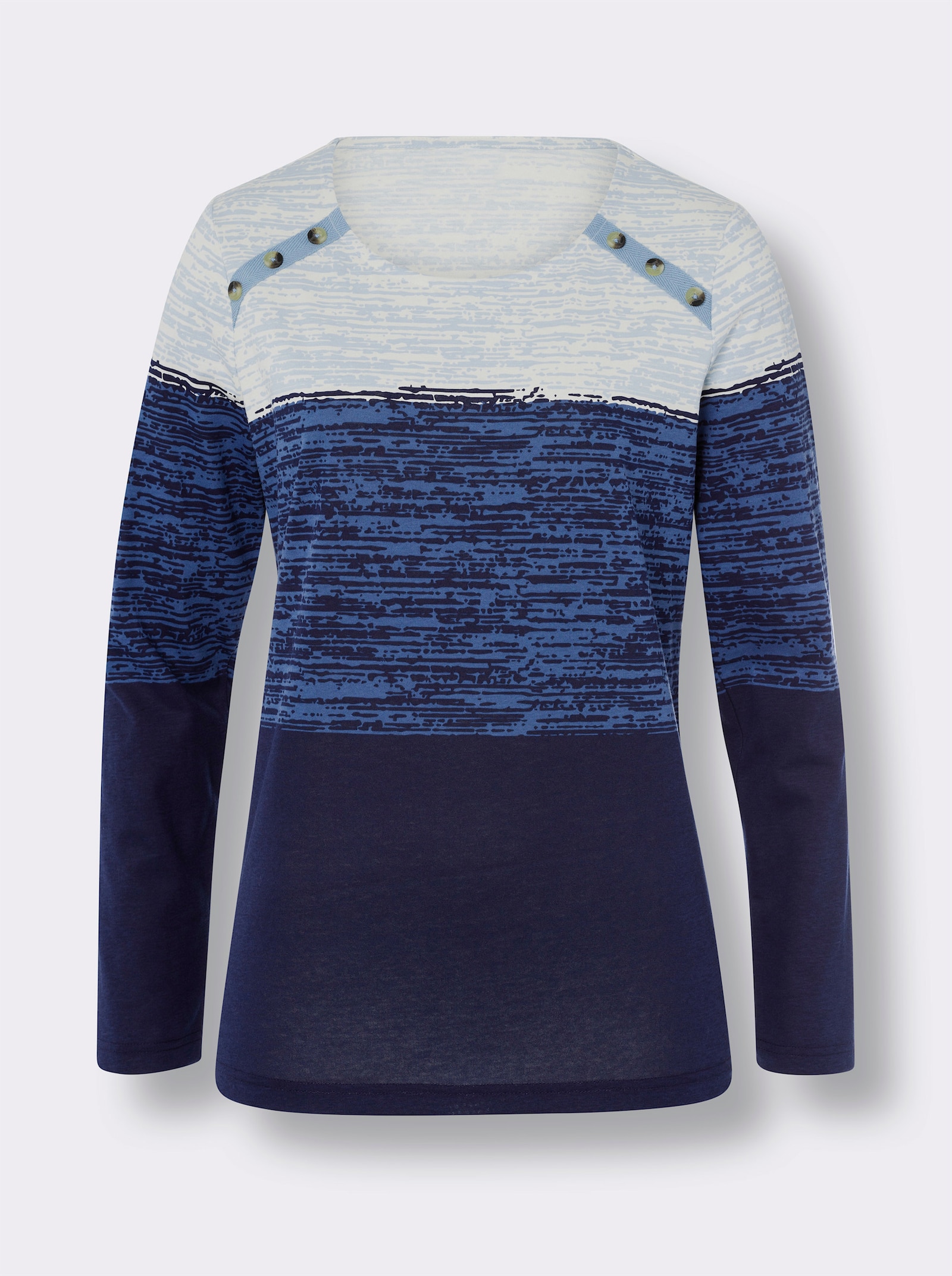 Langarmshirt mit Zierknöpfen - eisblau-marine-bedruckt