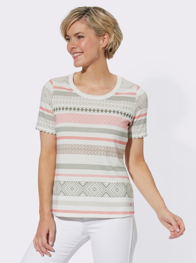 Kurzarmshirt mit Rundhals-Ausschnitt - ecru-khaki-gemustert