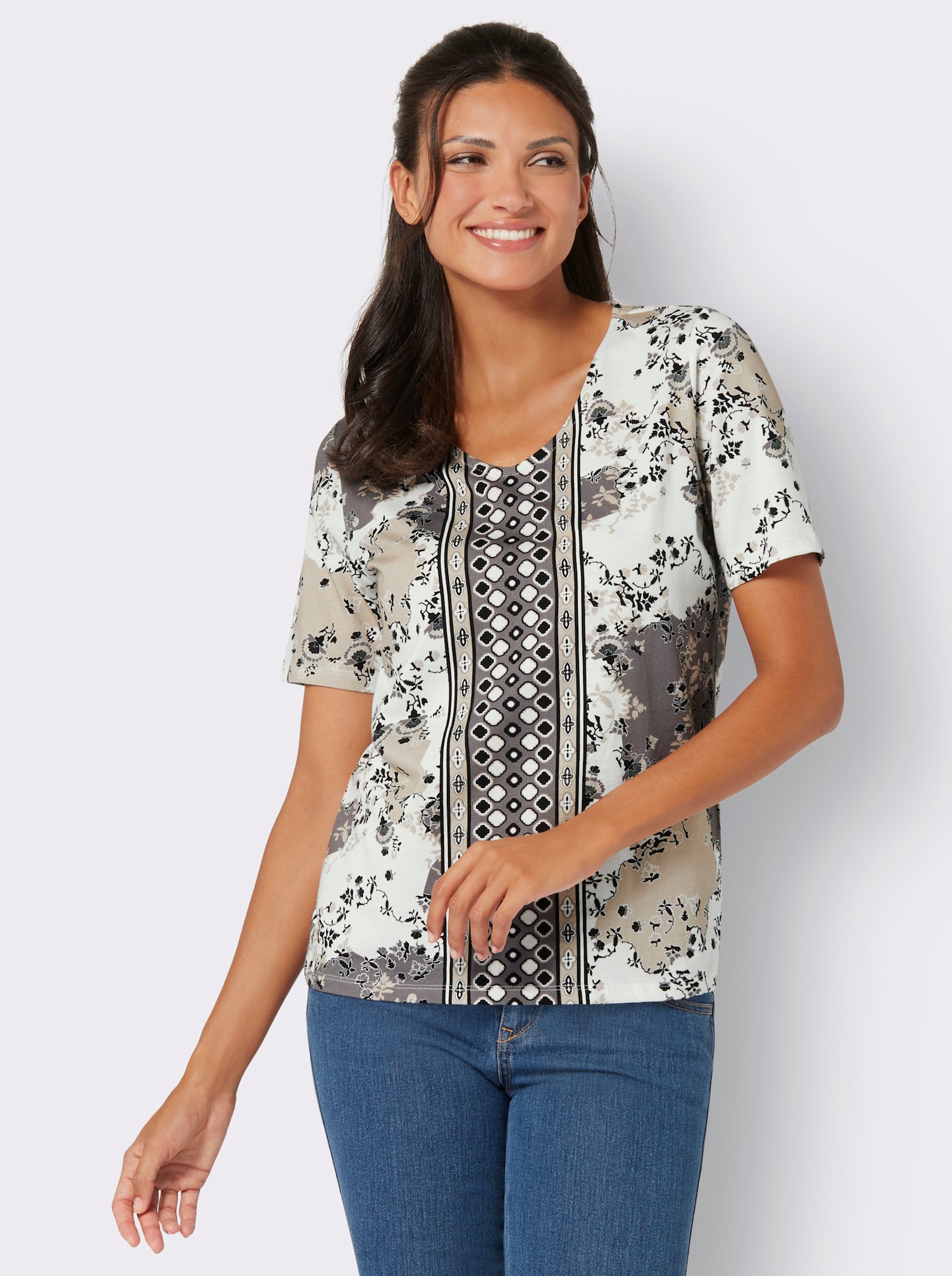 Shirt met korte mouwen van puur katoen - ecru/grijs bedrukt