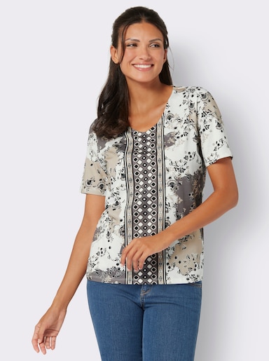 Kurzarmshirt aus reiner Baumwolle - ecru-grau-bedruckt