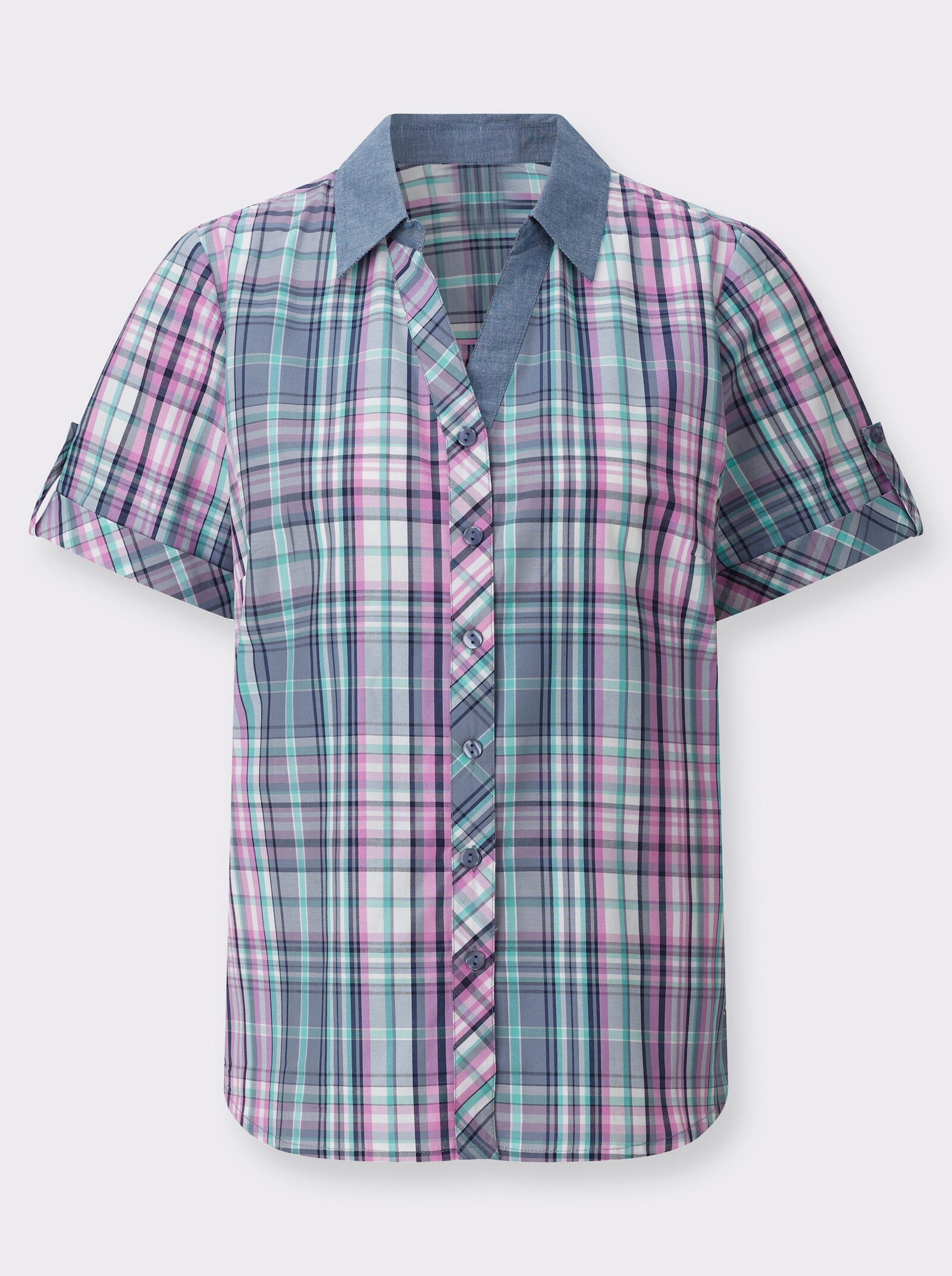 Karobluse mit abgerundetem Saum - taubenblau-orchidee-kariert