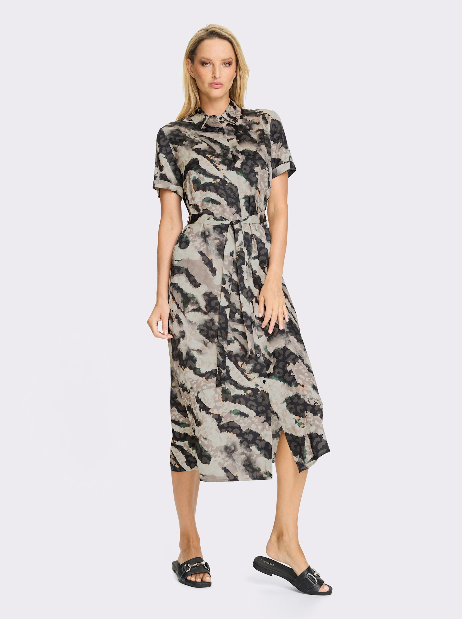 heine Hemdblusenkleid mit Bindegürtel - schwarz-champagner-bedruckt