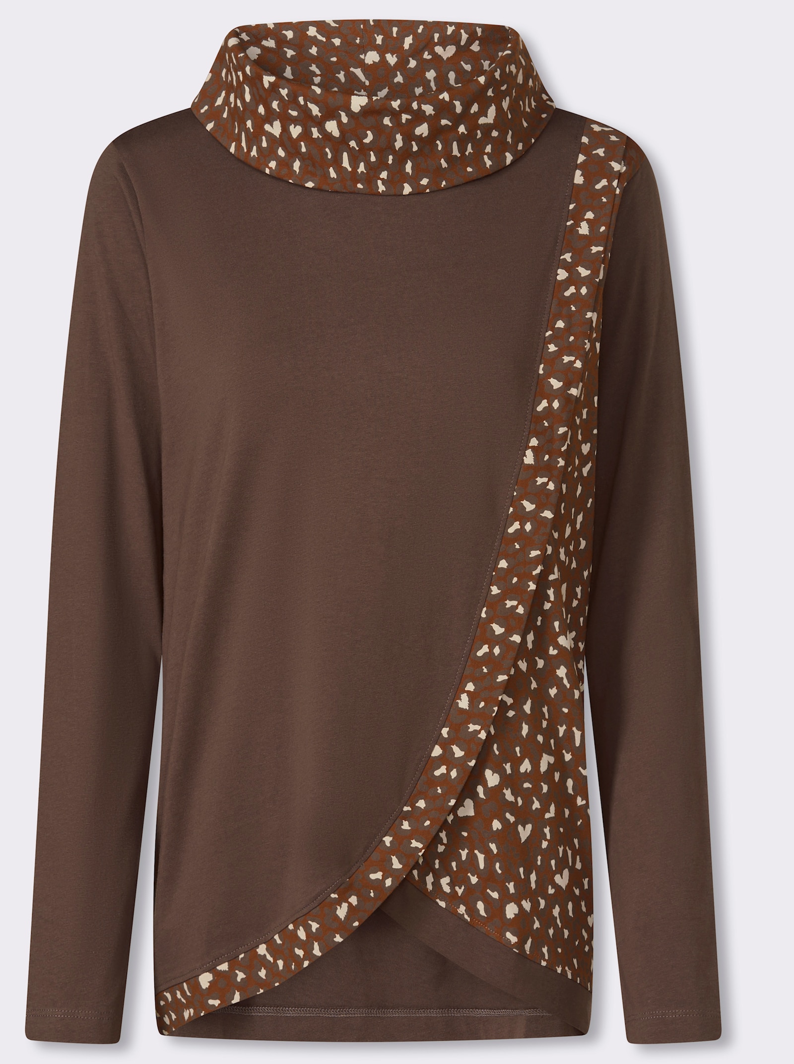 Rollkragenshirt mit abgerundetem Saum vorne - schoko-sand