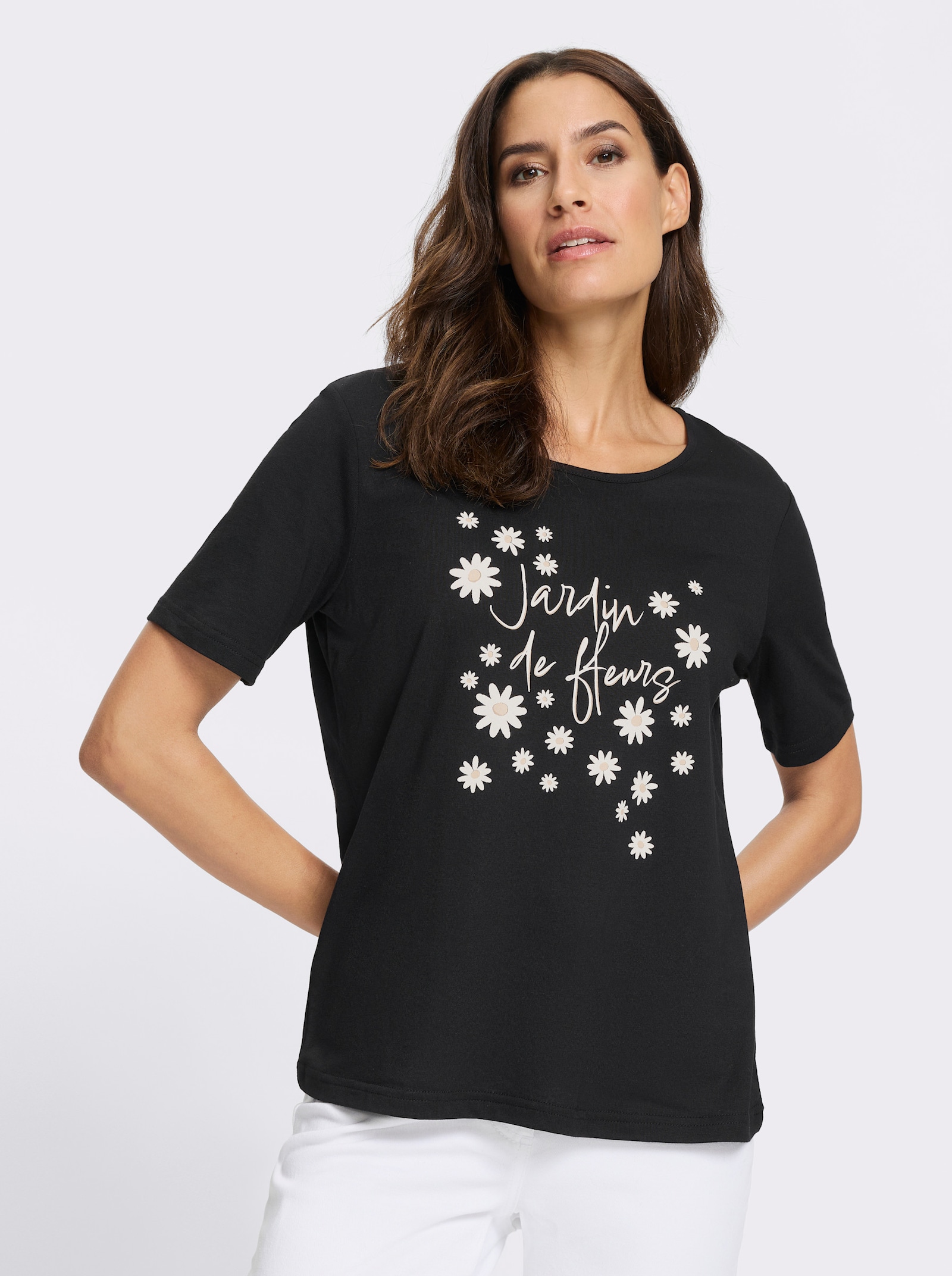 Kurzarmshirt mit Blüten und Schriftzug - schwarz-ecru