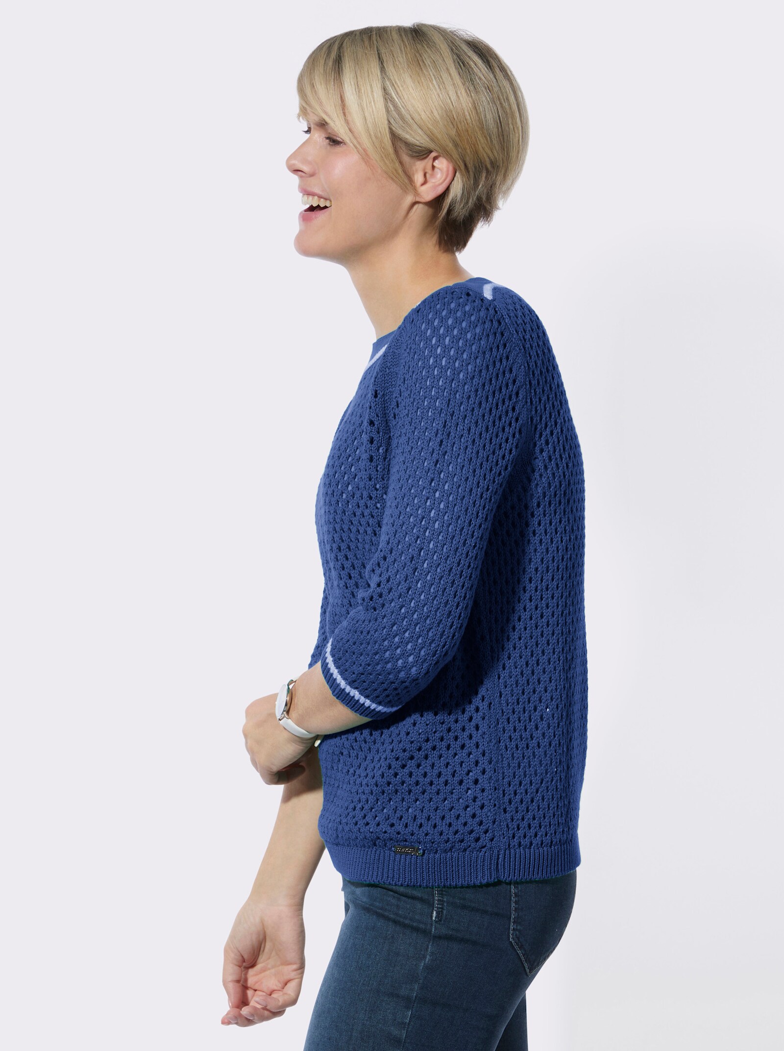 3/4-Arm-Pullover mit Ajourstrickmuster - royalblau