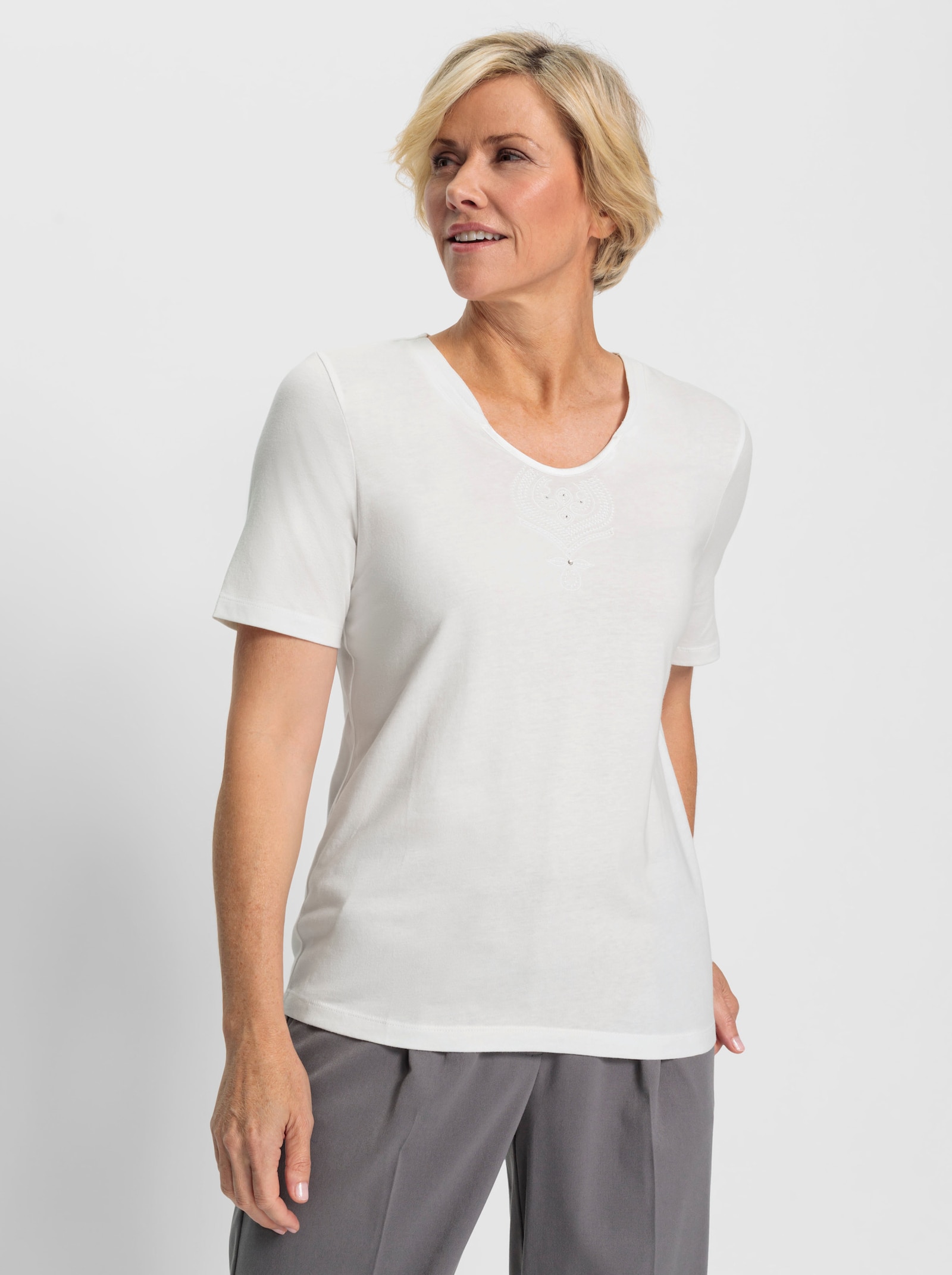 Shirt met korte mouwen en satijnen paspel - ecru