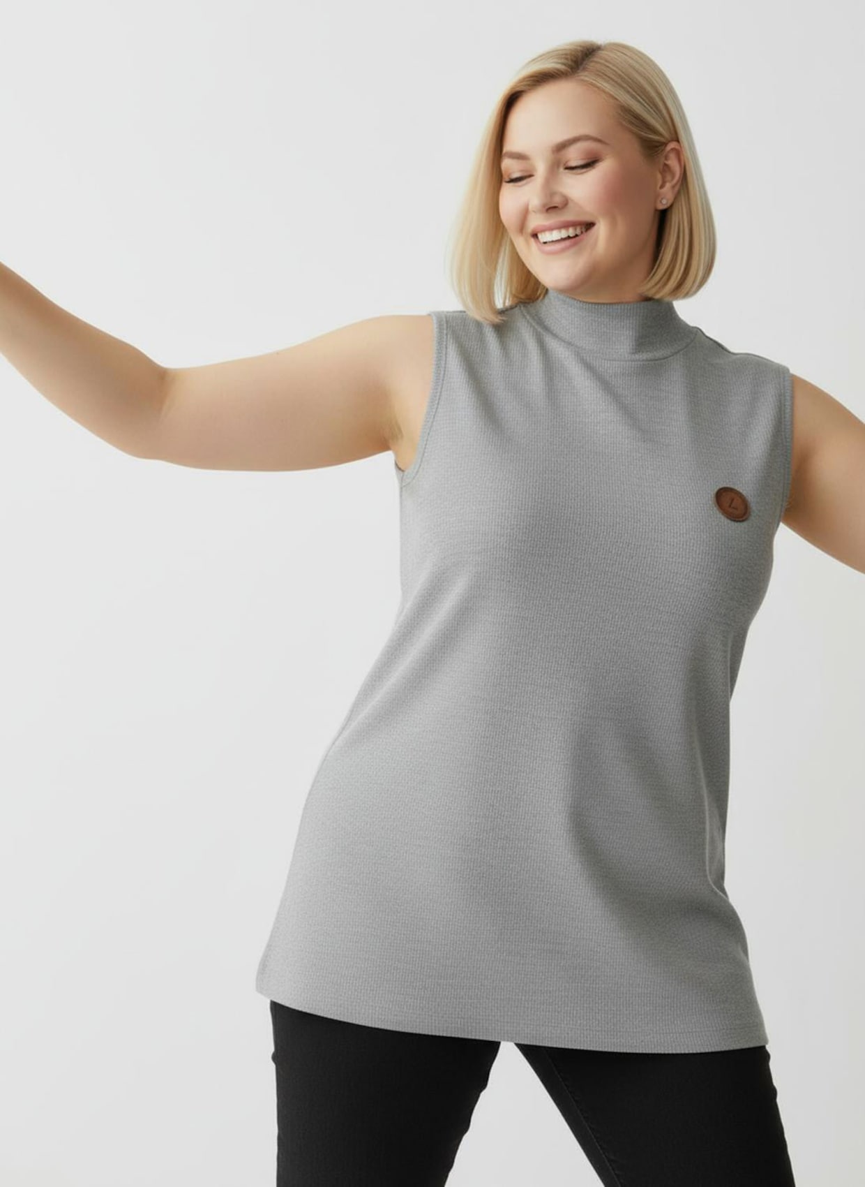 Shirttop mit Stehkragen, pflegeleicht - grau-meliert