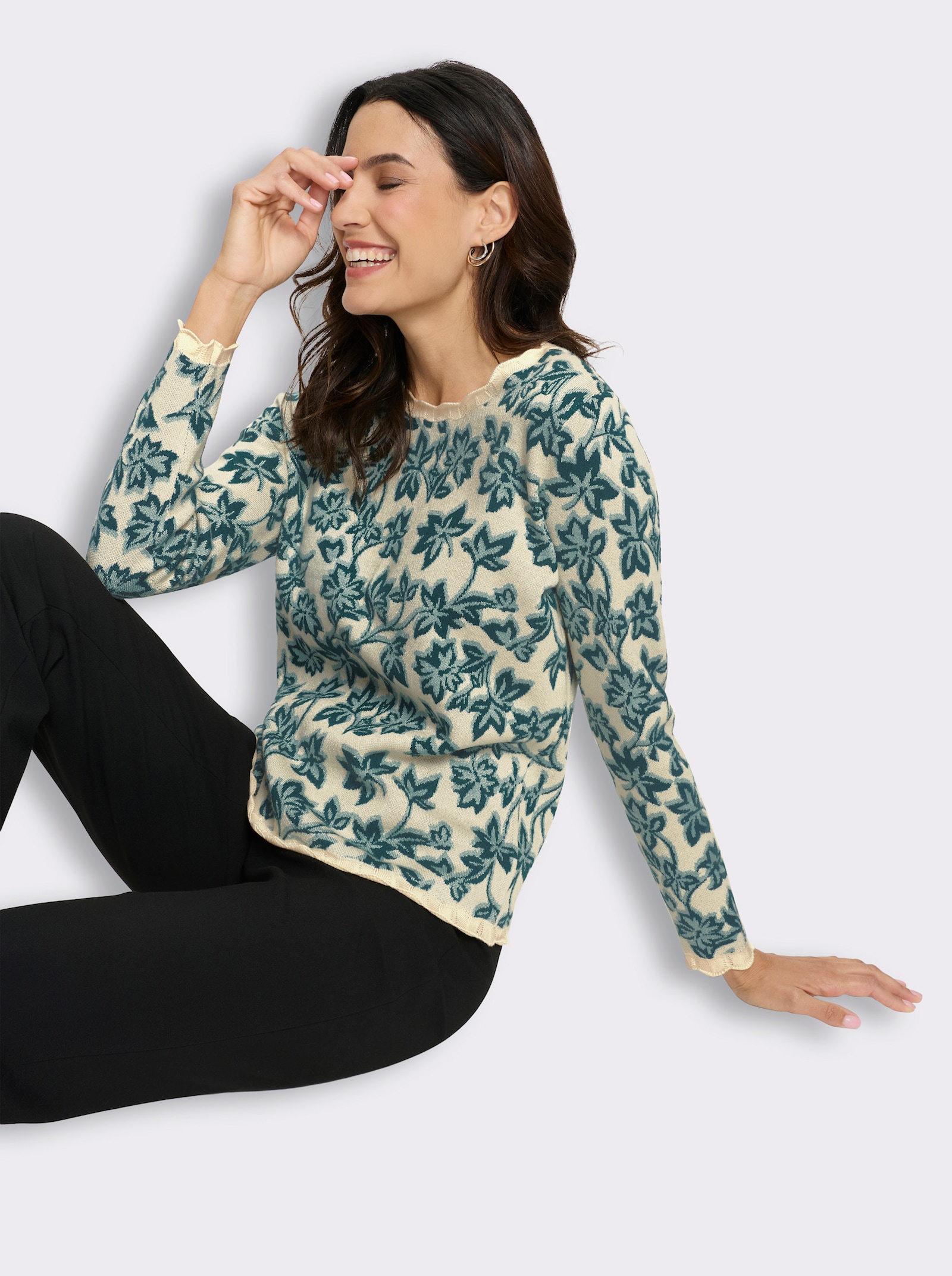 Jacquard-Pullover im Blätter-Dessin - champagner-petrol-gemustert