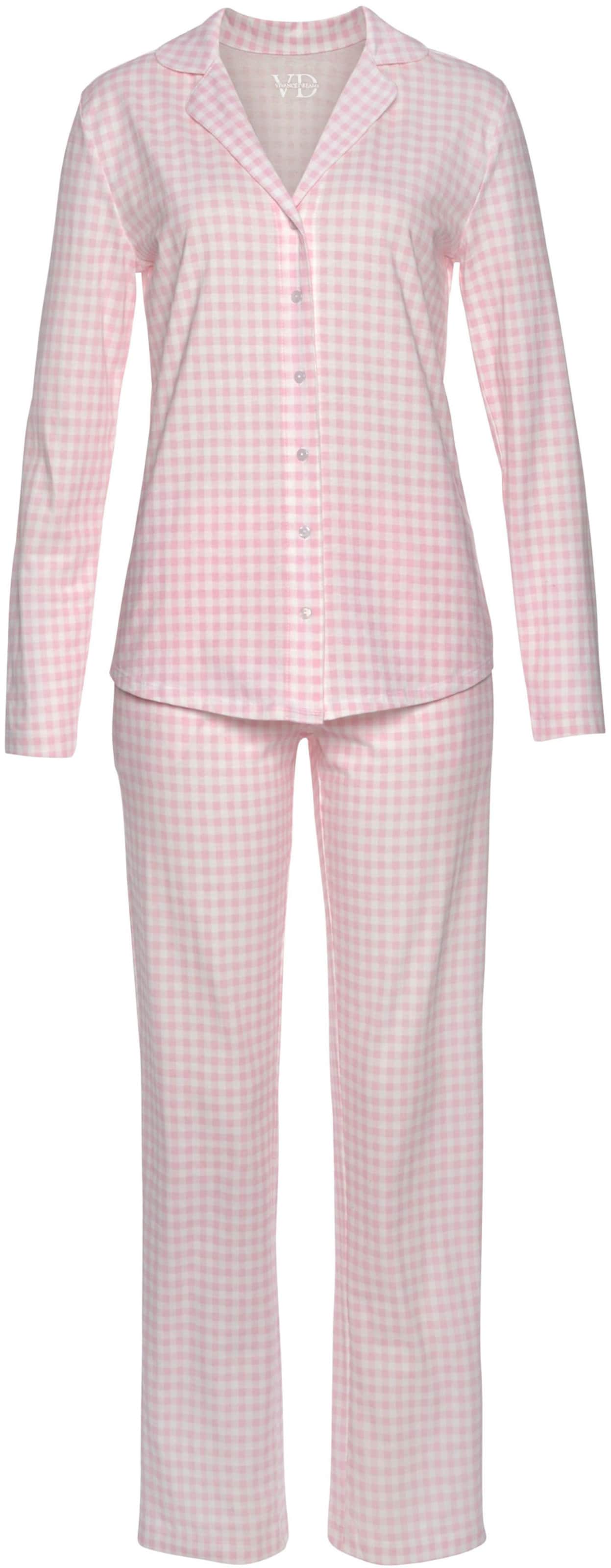Lang Shirt  günstig Kaufen-Pyjama in rosa-weiß von Vivance Dreams. Pyjama in rosa-weiß von Vivance Dreams <![CDATA[Klassischer Pyjama allover bedruckt. Langarmshirt mit Reverskragen und durchgehender Knopfleiste, Lange Hose mit elastischem Bund und Zierkante entlang der s