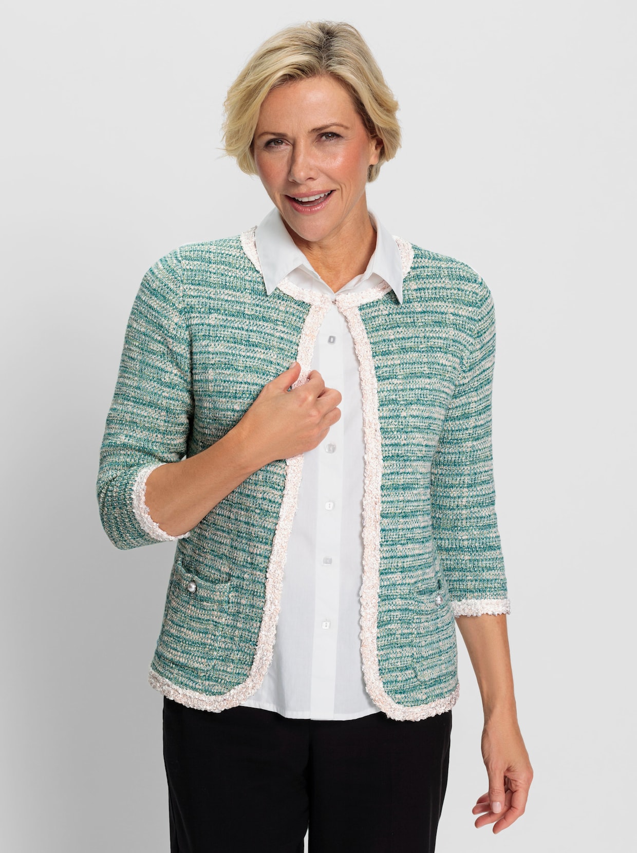 Strickjacke - mint-ecru-gemustert