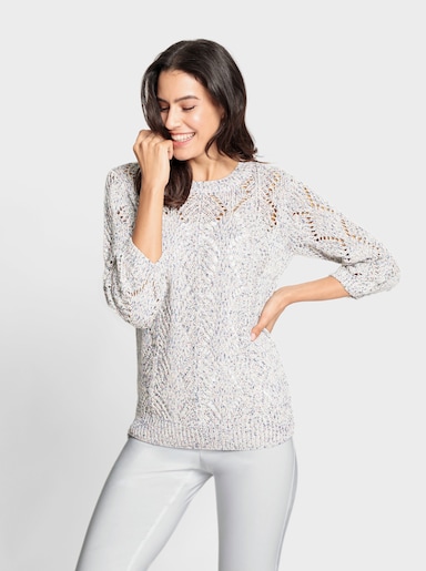 Ajourpullover mit Multicolor-Bändchengarn - ecru-rauchblau-meliert