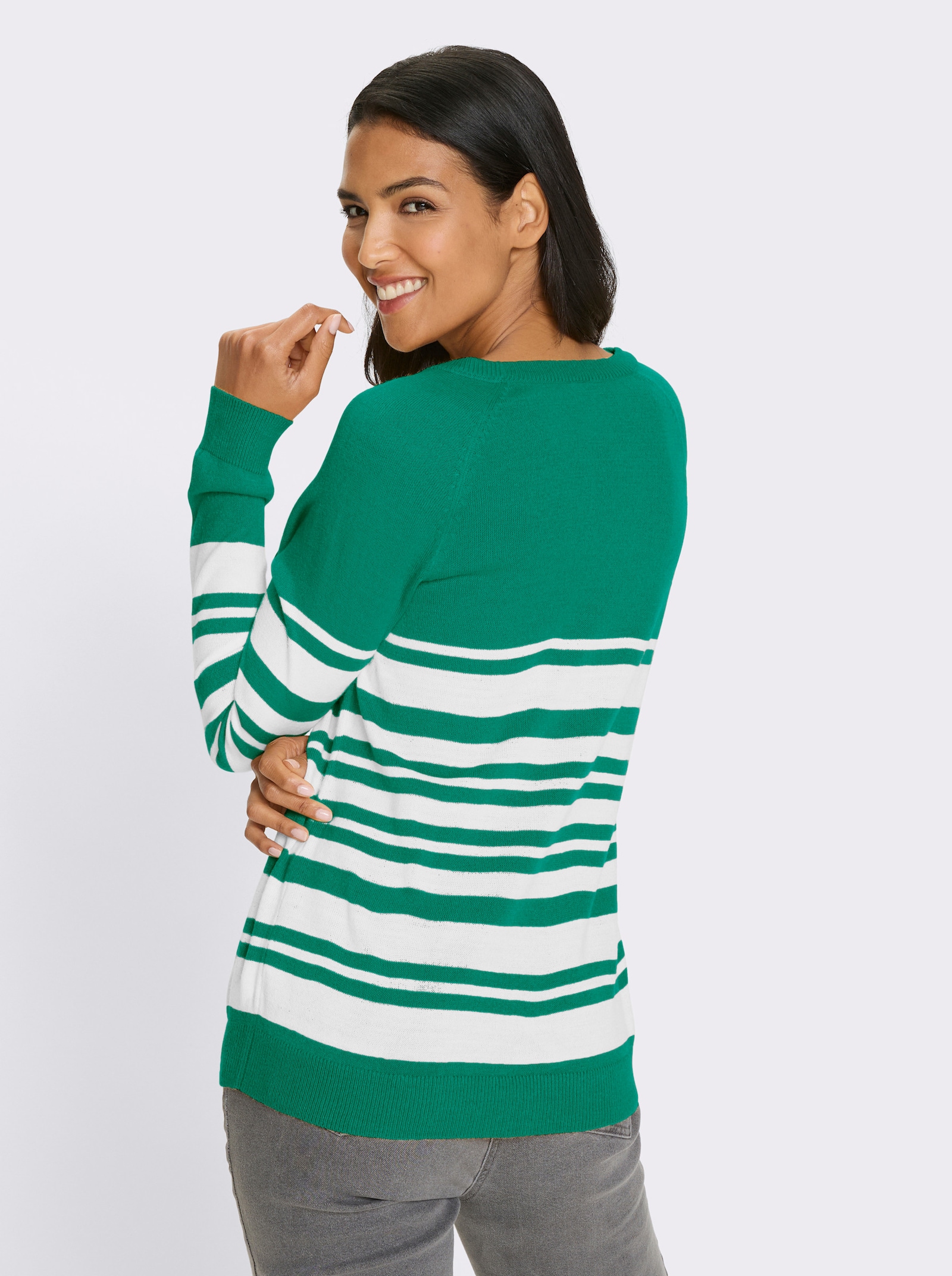 Langarm-Pullover mit goldfarbenen Knöpfen - grün-weiß-geringelt