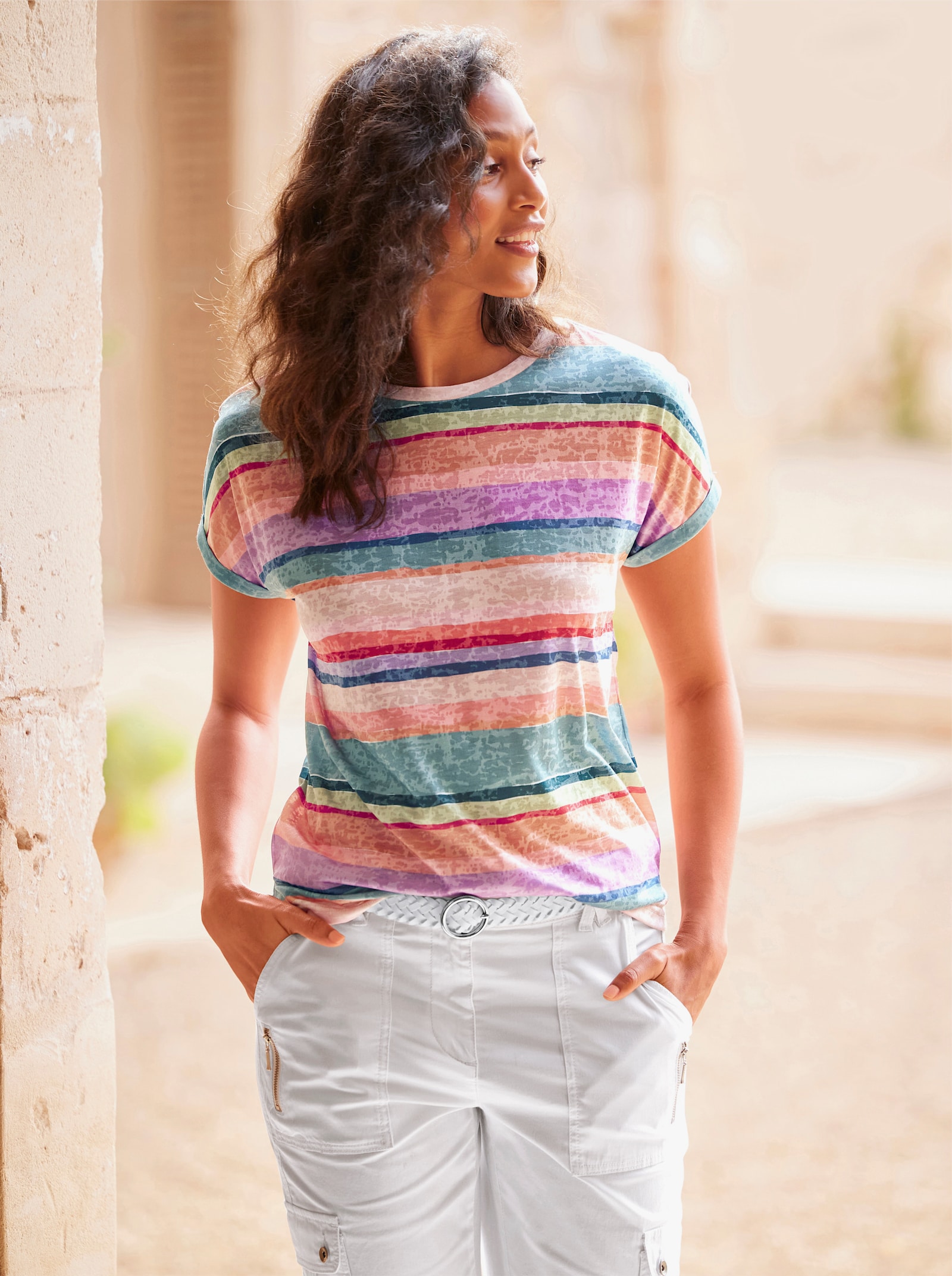 heine T-Shirt in Ausbrenner-Qualität - flamingo-jade-geringelt