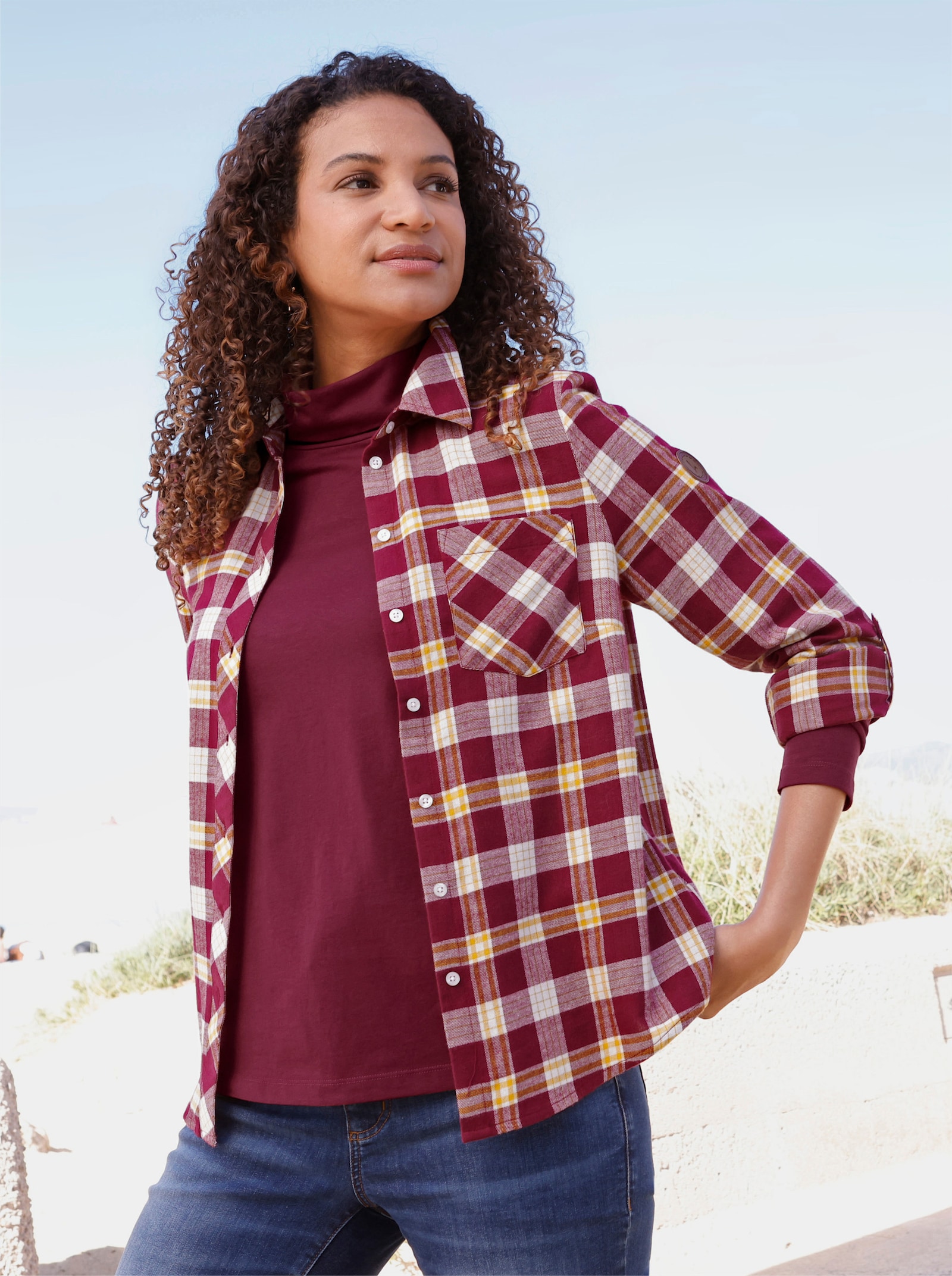  Flanellbluse mit abgerundetem Saum - bordeaux-ecru-kariert