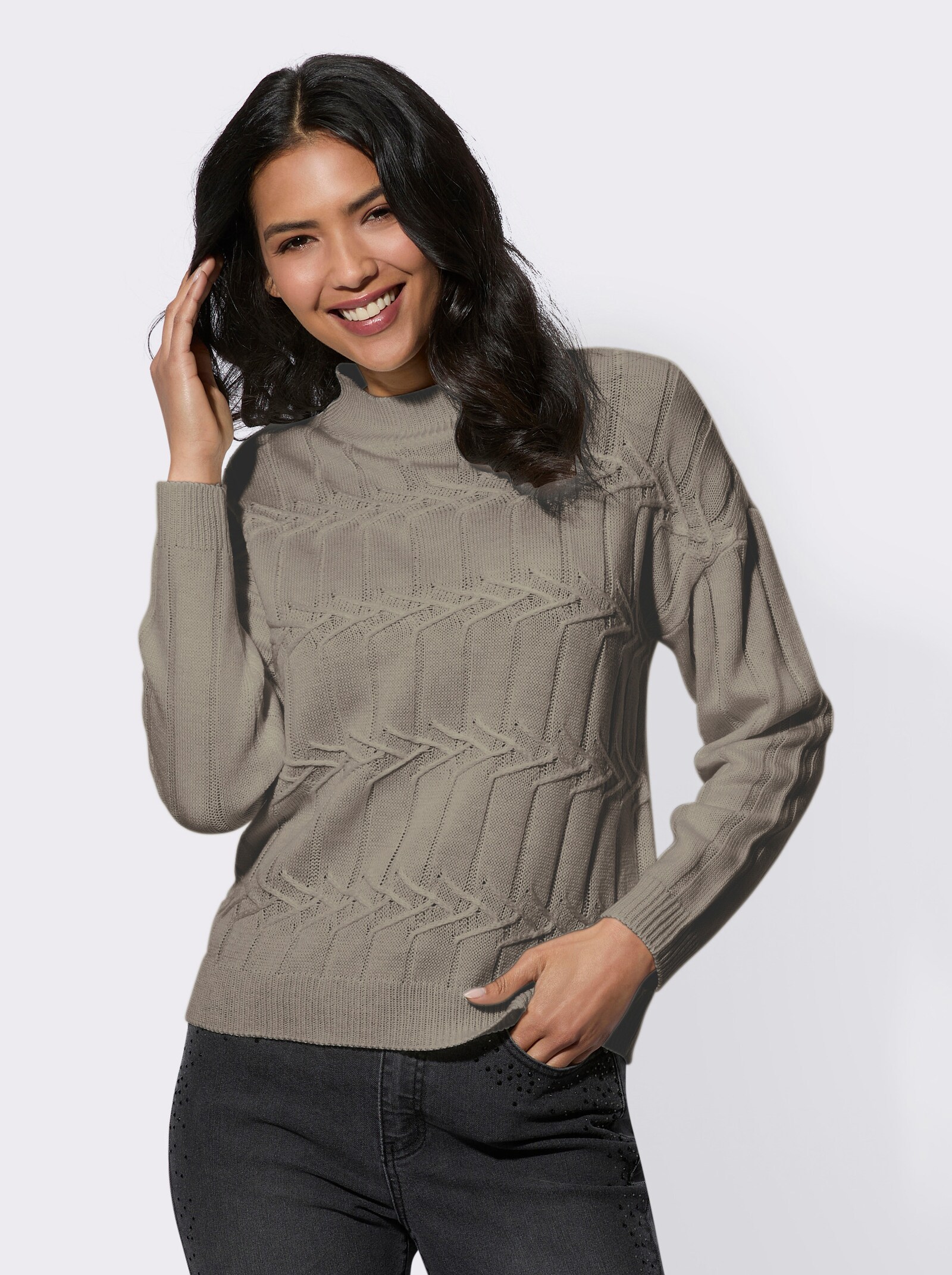 Pullover met opstaande kraag en breipatroon - taupe