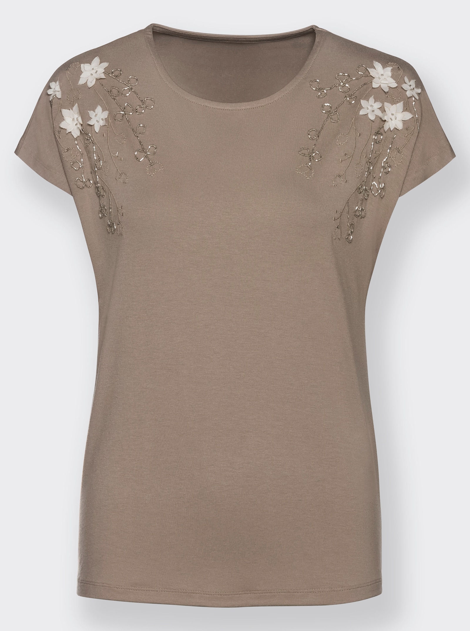 Rundhalsshirt mit Blüten-Applikation und Stickerei - sesam