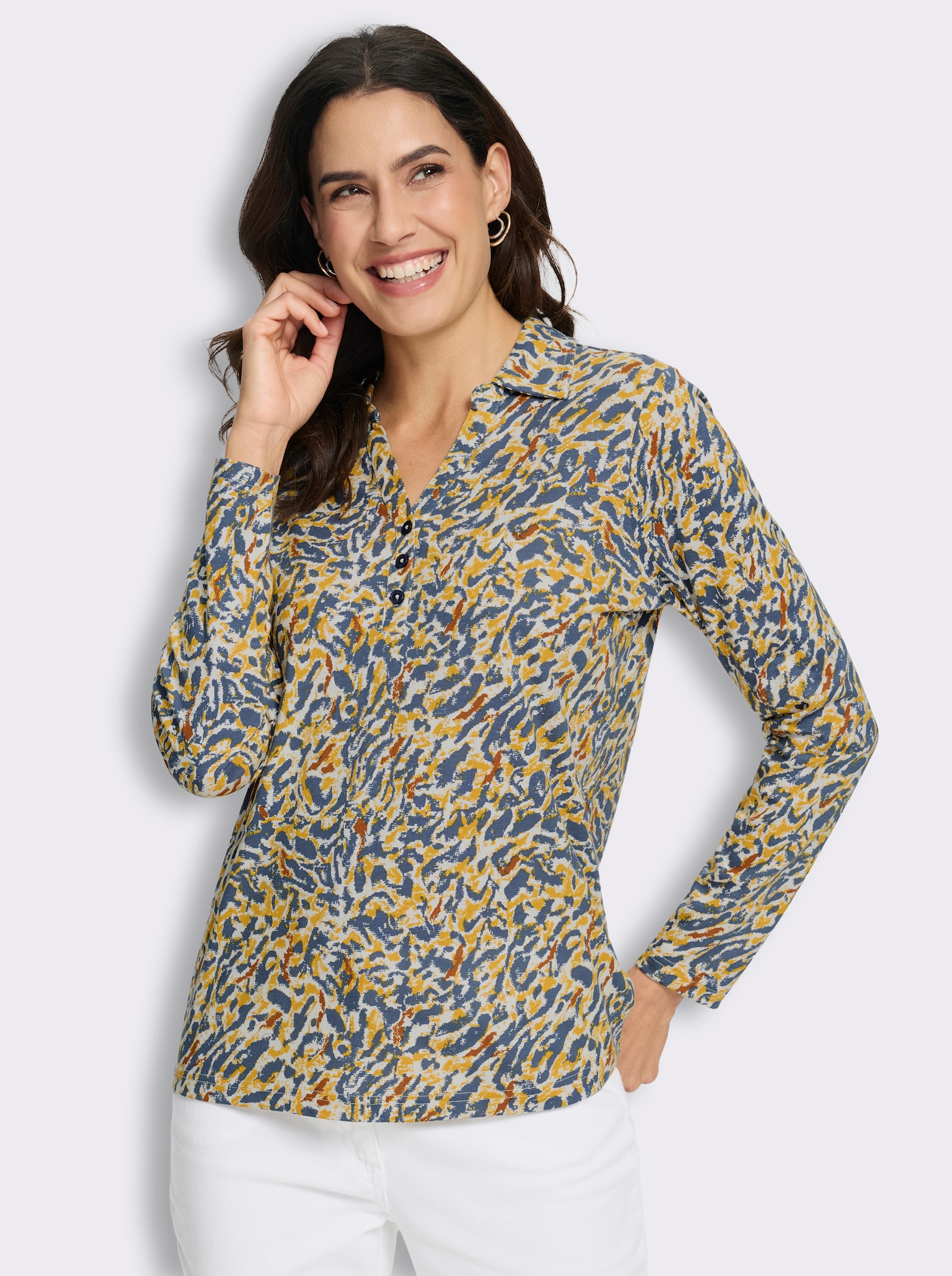  Poloshirt mit Alloverdruck - ecru-rauchblau-bedruckt