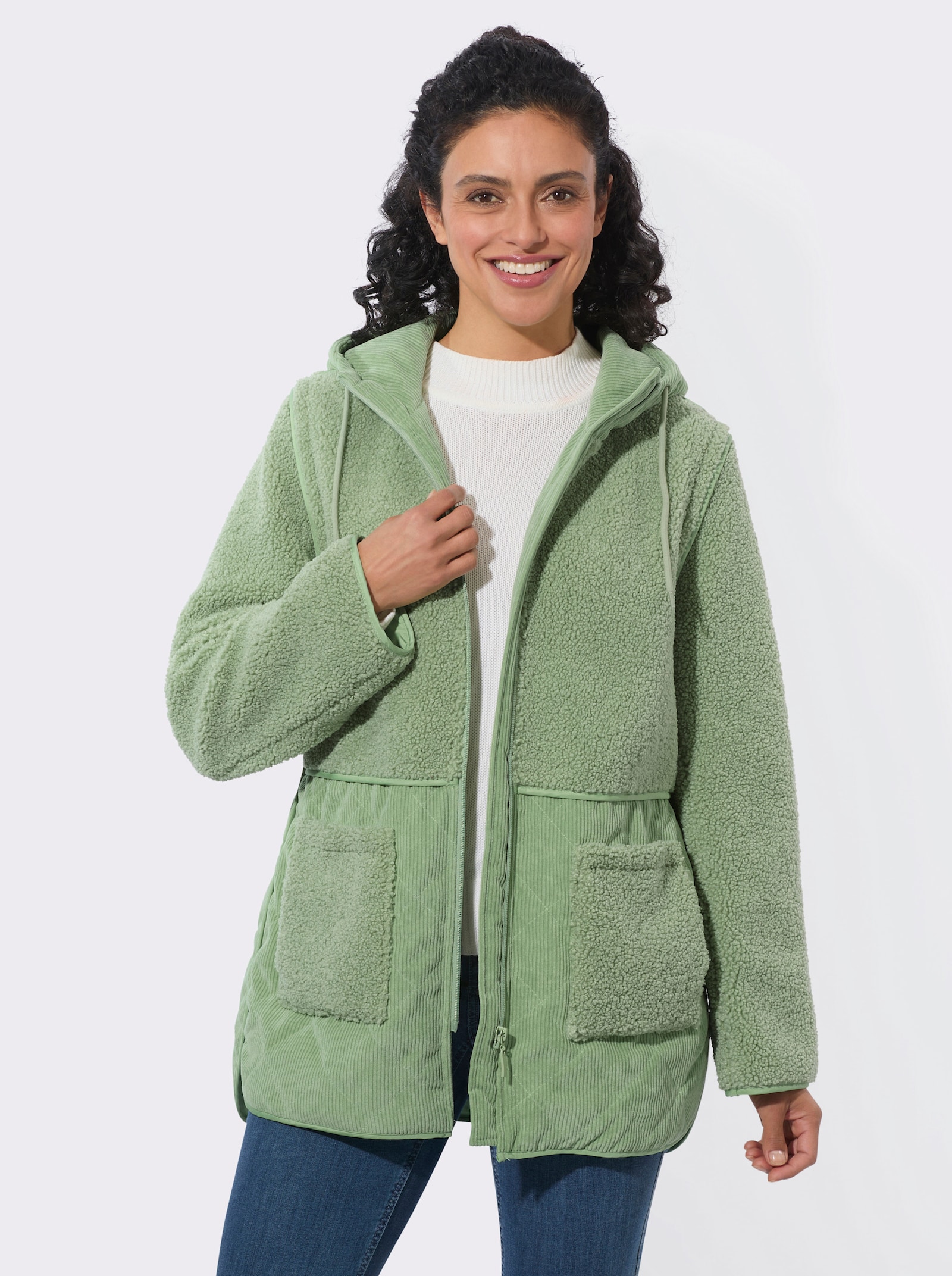  2-in-1-Jacke aus Teddyfleece und Cord - eucalyptus