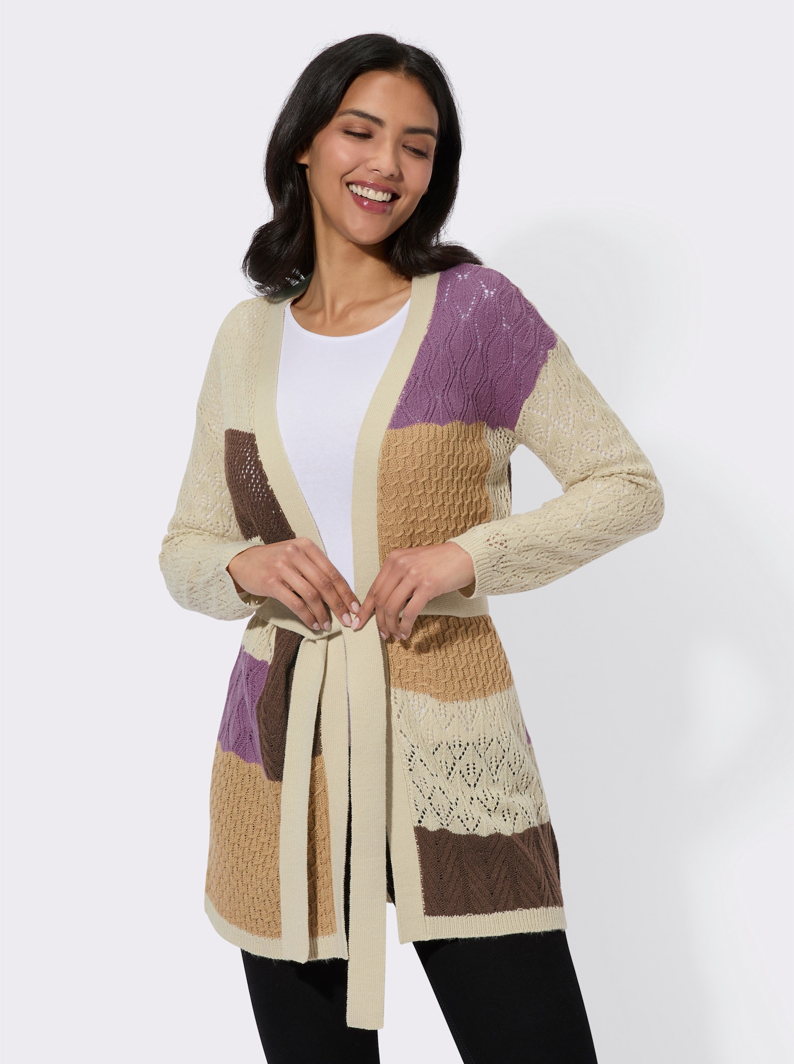 Strickjacke mit Ajour- und Zopfmuster - sand-violett-gemustert