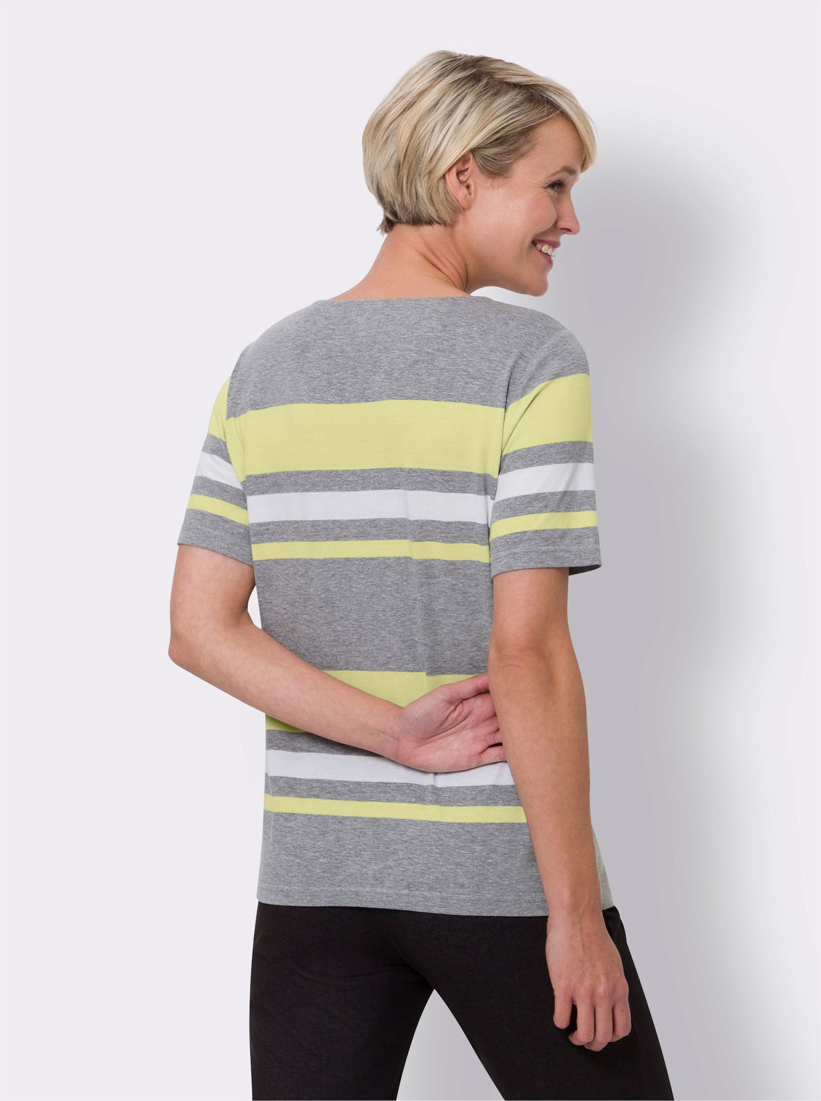Kurzarmshirt mit garngefärbtem Streifen - grau-meliert-zitrone-gestreift
