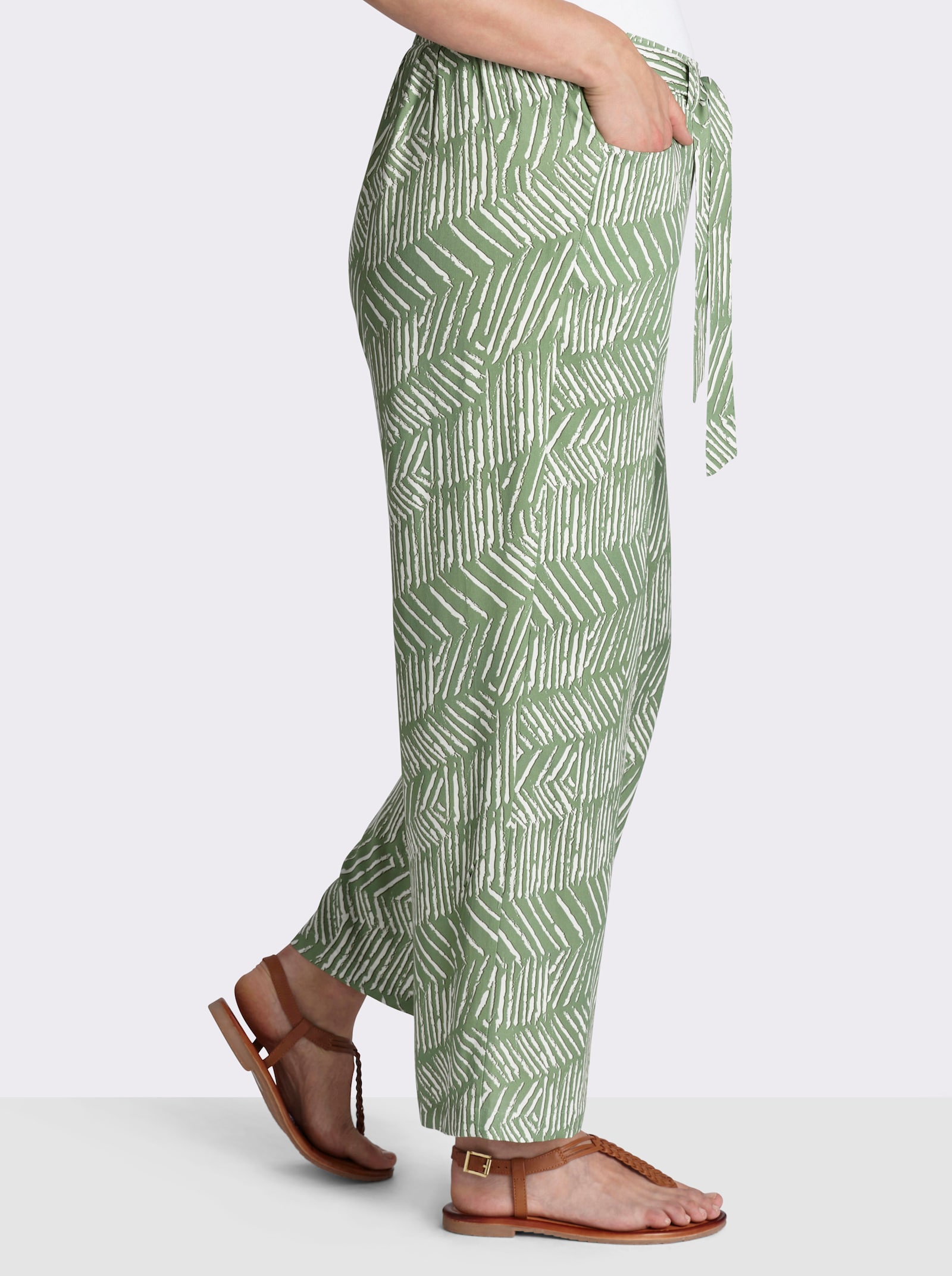 sheego 7/8-Hose mit Alloverprint und Bindegürtel - eucalyptus-ecru-bedruckt