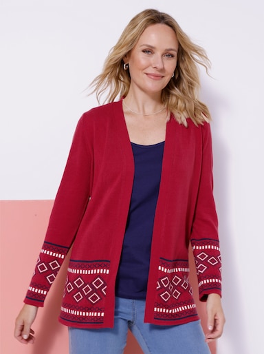 Longstrickjacke mit Bordüren-Muster - kirsche-marine