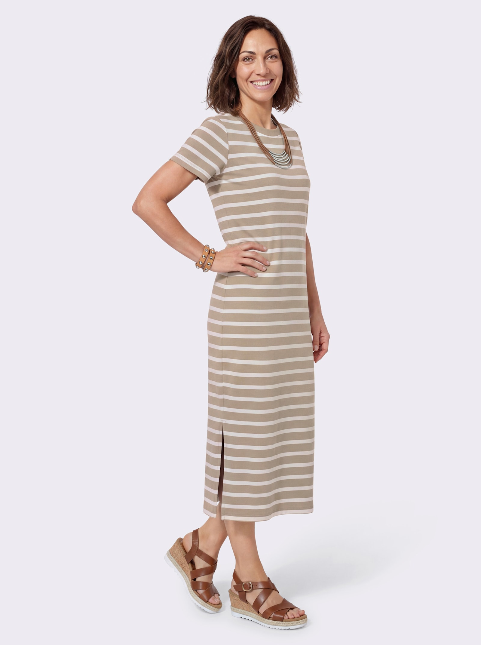Jerseykleid mit Seitenschlitzen - sesam-ecru-geringelt