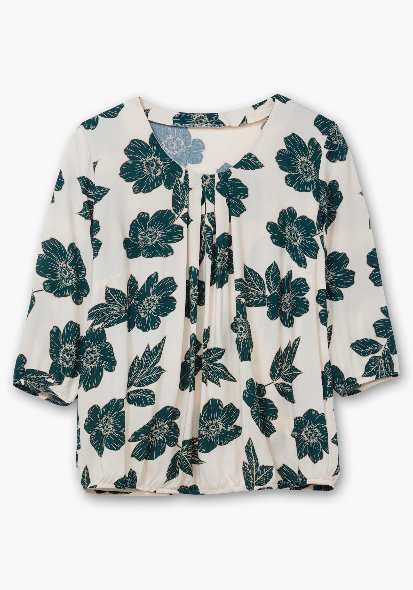 Schlupfbluse mit großen Blüten - champagner-petrol-bedruckt