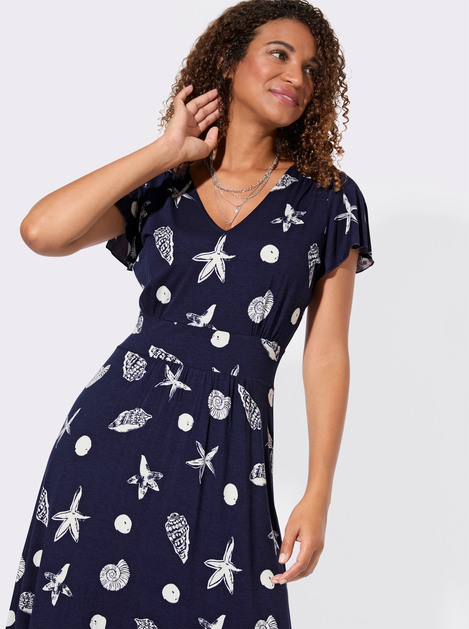 Jerseykleid mit Raffungen - marine-weiß-bedruckt