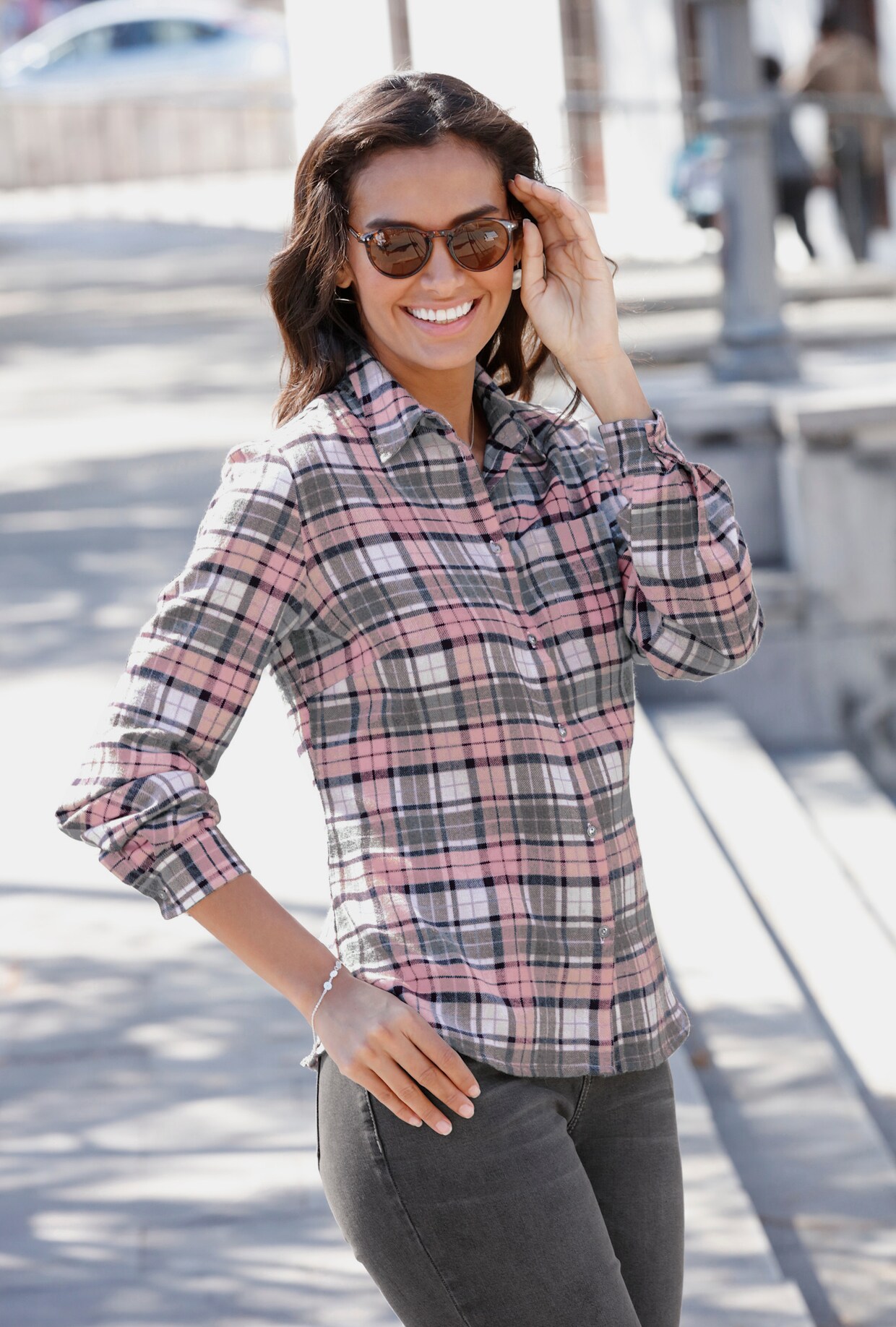 Flanellen blouse - grijs/roze geruit