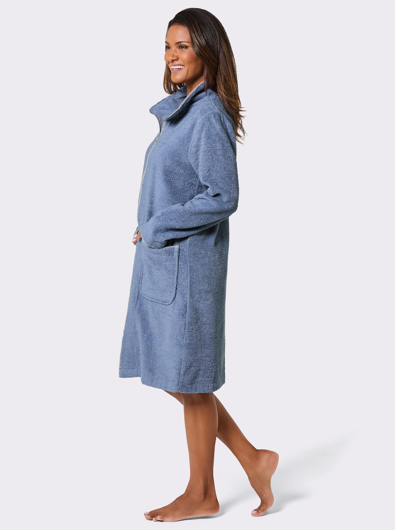 feel good Bademantel mit durchgehendem Reißverschluss - taubenblau-champagner