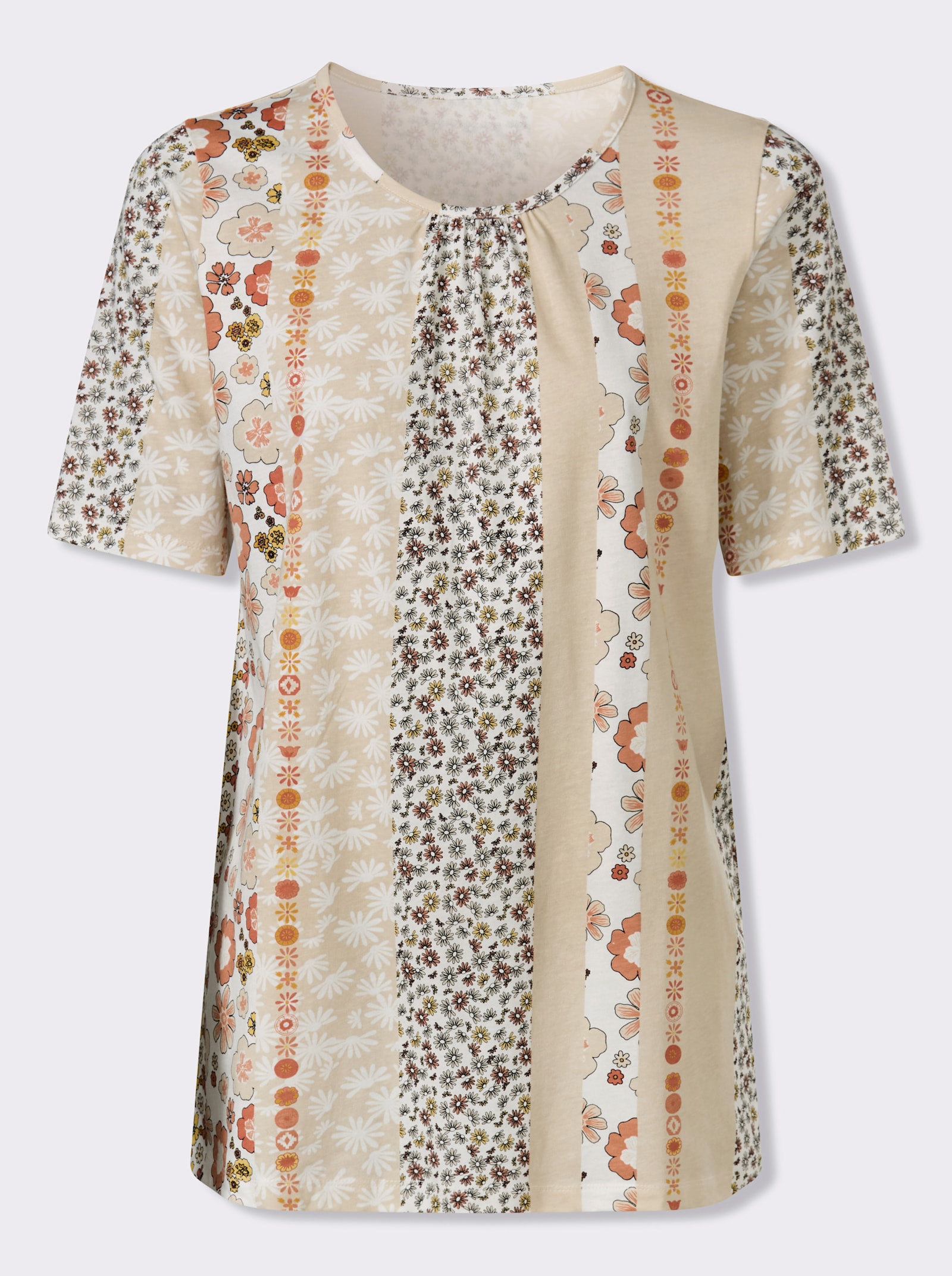 Longshirt mit Halbarm - ecru-papaya-bedruckt