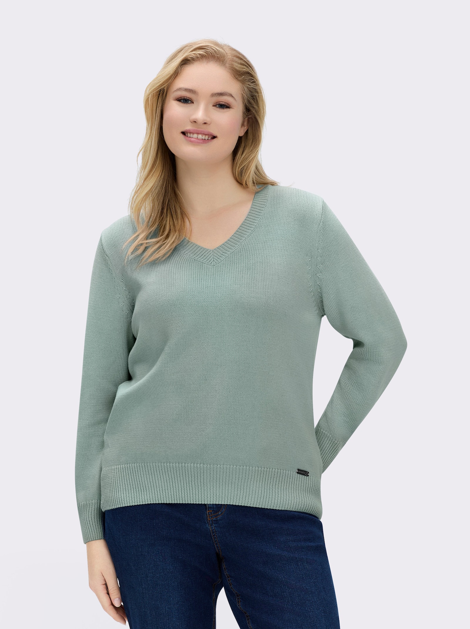 V-Ausschnitt-Pullover mit Baumwolle - kalkmint