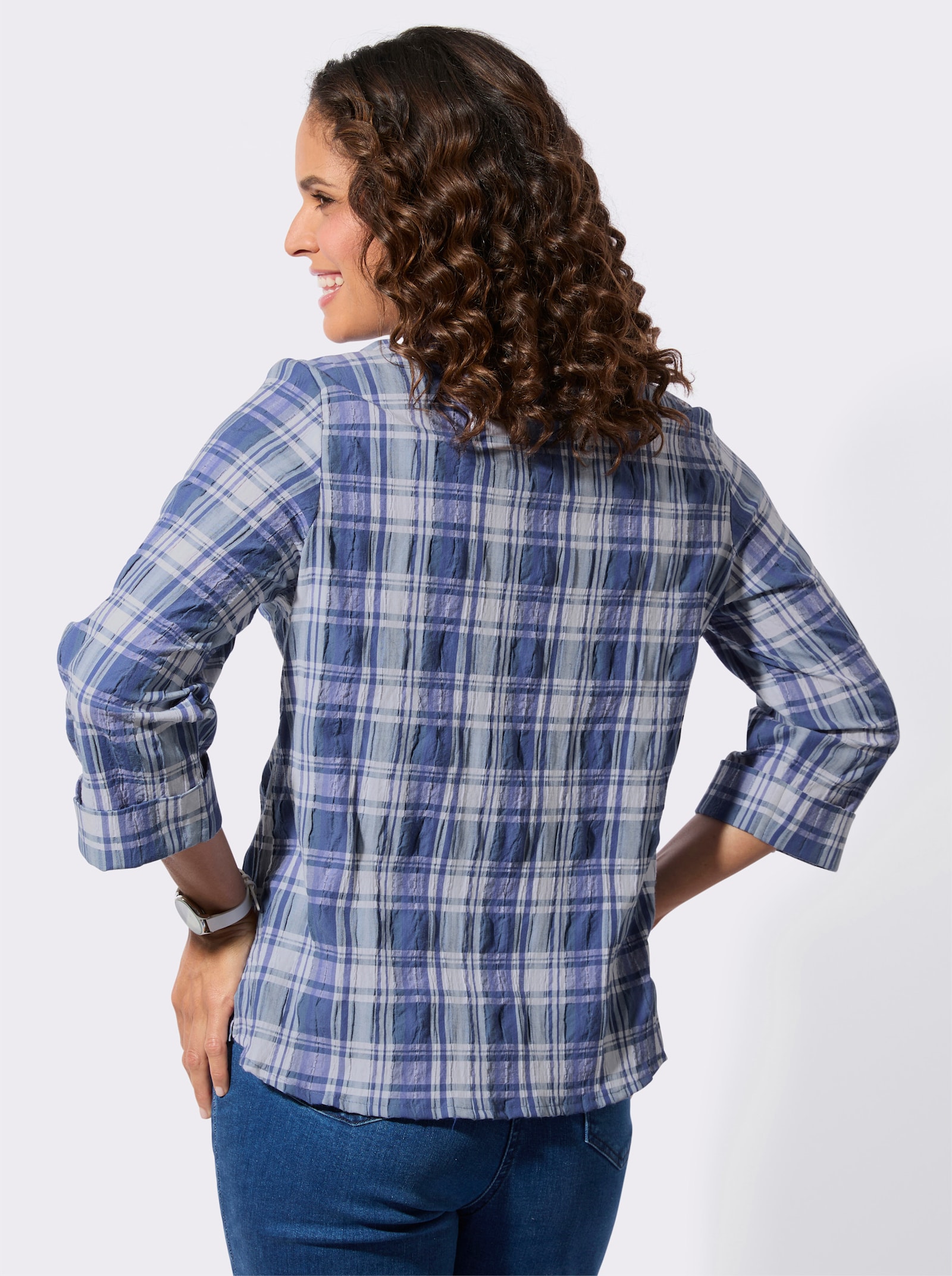 Geruite blouse van seersucker - koningsblauw/wit geruit