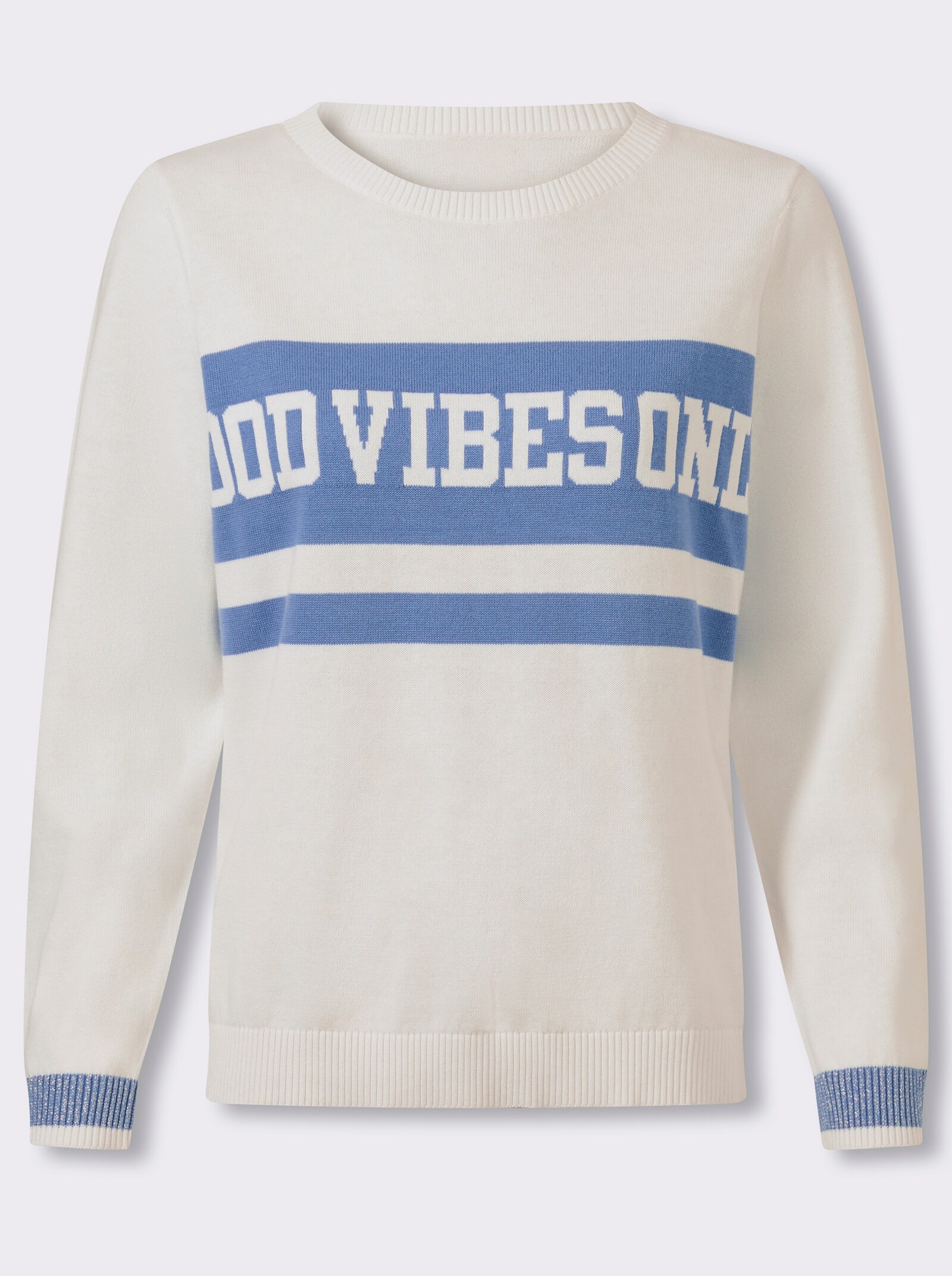 Langarm-Pullover mit Schriftzug - ecru-mittelblau