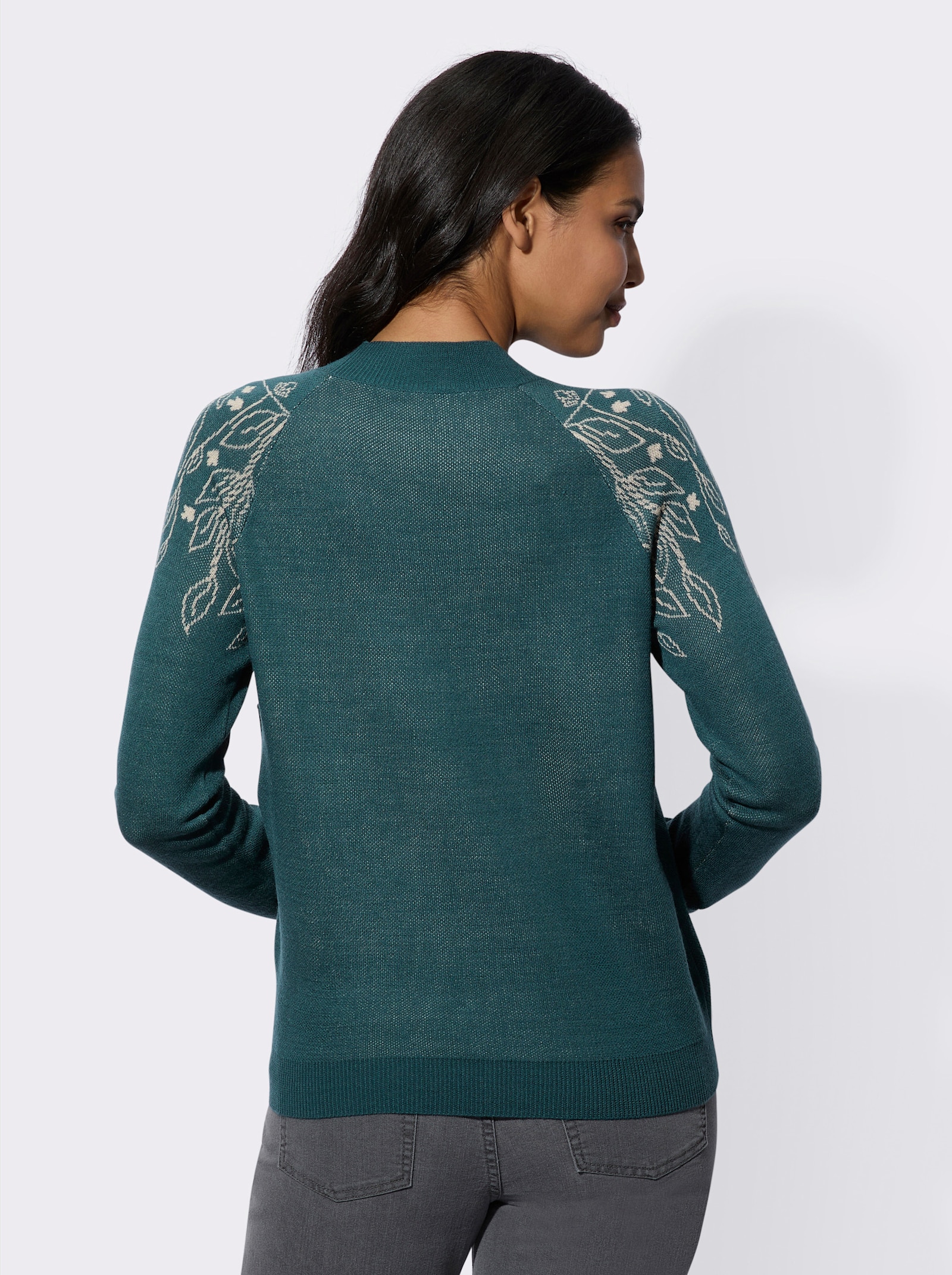 Tröja med halvpolo, broderade rankor - petrol-sand